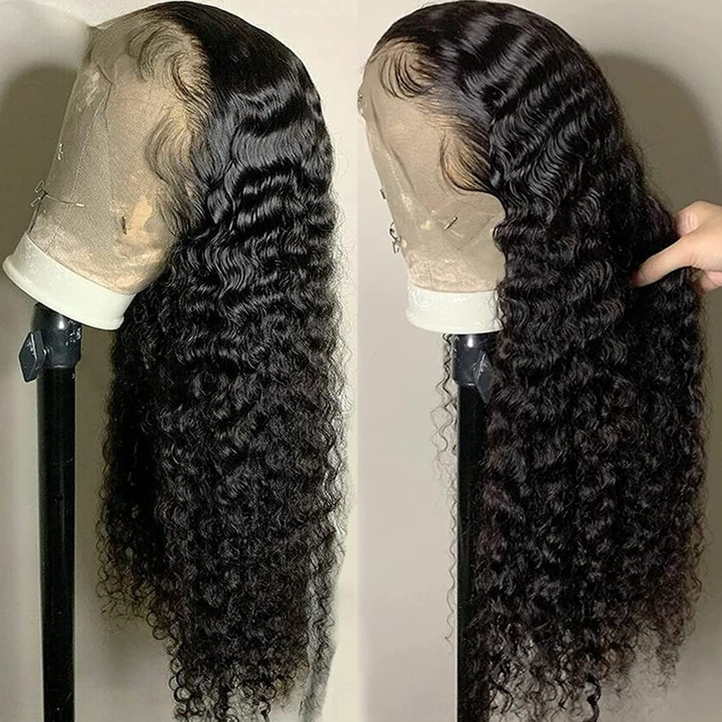 28 Inch HD Transparent Water Wave Lace Front Wigs Human Hair for Women 13*4 Black Curly Wig Human Hair Pre-Plucked with Baby Hair 180% Density Curly Lace Front Wigs Human Hair Glueless Wet and Wavy Lace Front Wigs