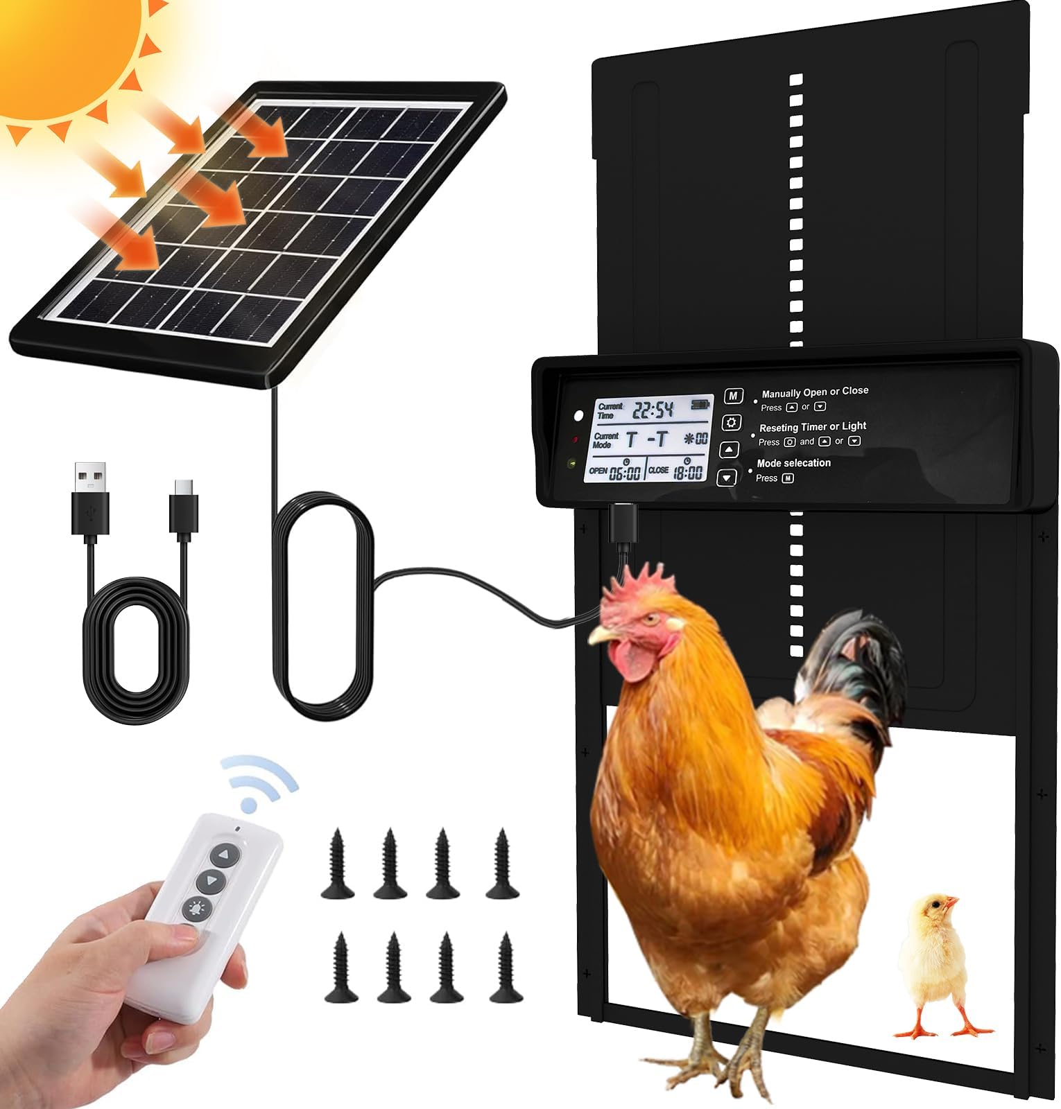 Automatic Chicken Coop Door - Auto Chicken Coop Door with Timer, Sensor, & Remote Control - Smart Poultry Door Opener with Durable Construction - Chicken Coop Supplies & Accessories - Black