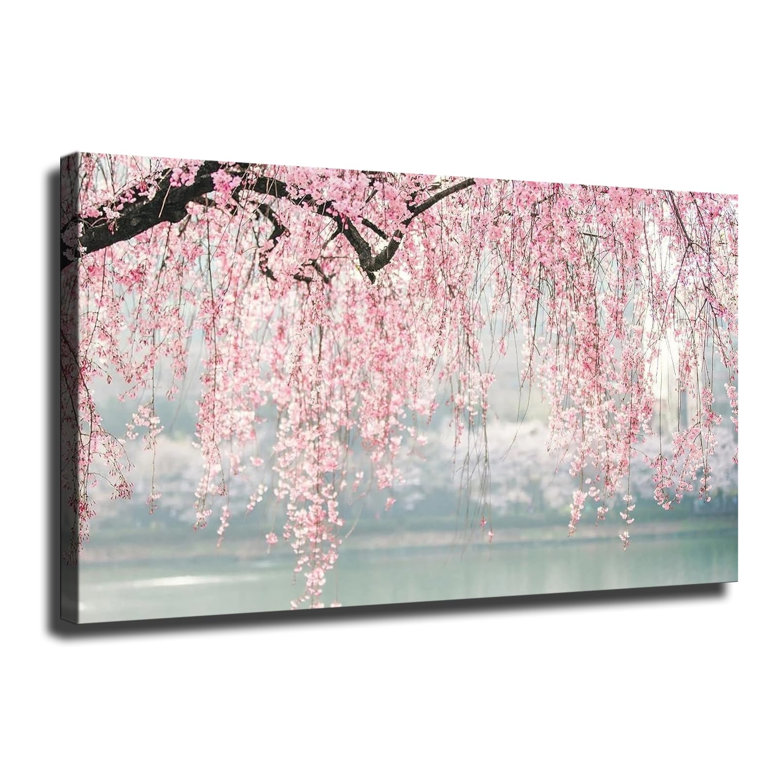 Pink cherry blossom branches on the lake Poster Wall Art for Living Room Bedroom Wall Art Printins Wall Decor Gift (12x18inch-Framed)
