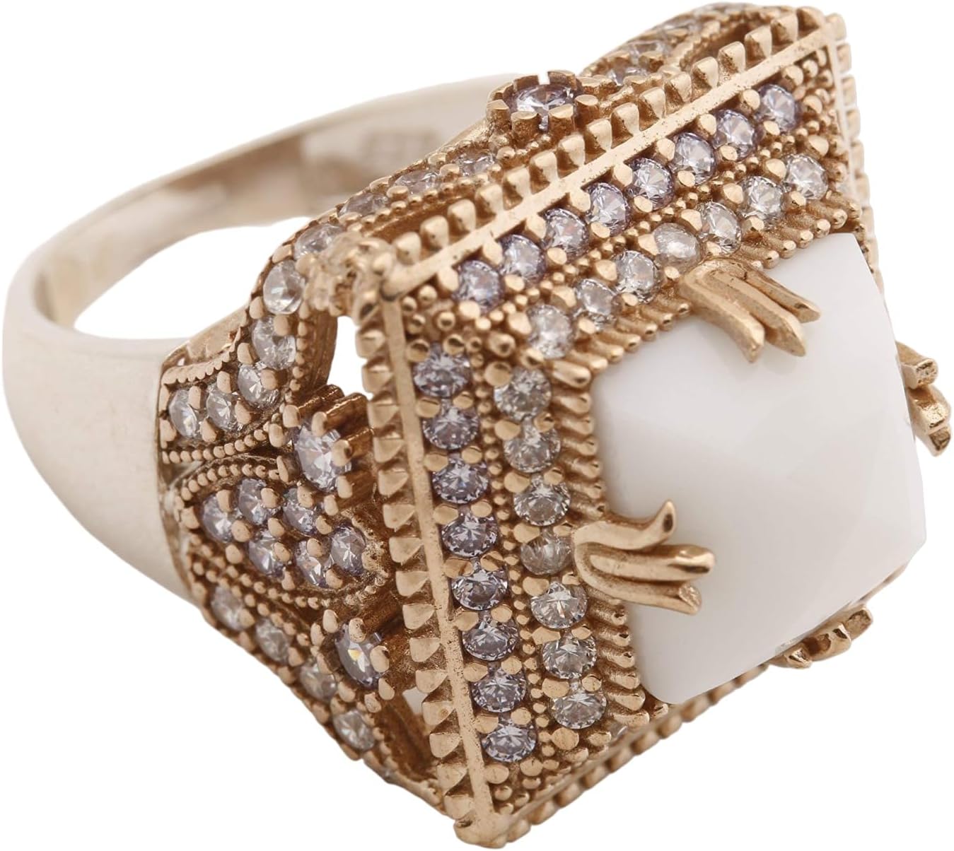 Turkish Handmade Jewelry Square Shape White Onyx and Round Cut Topaz 925 Sterling Silver Ring Size Option