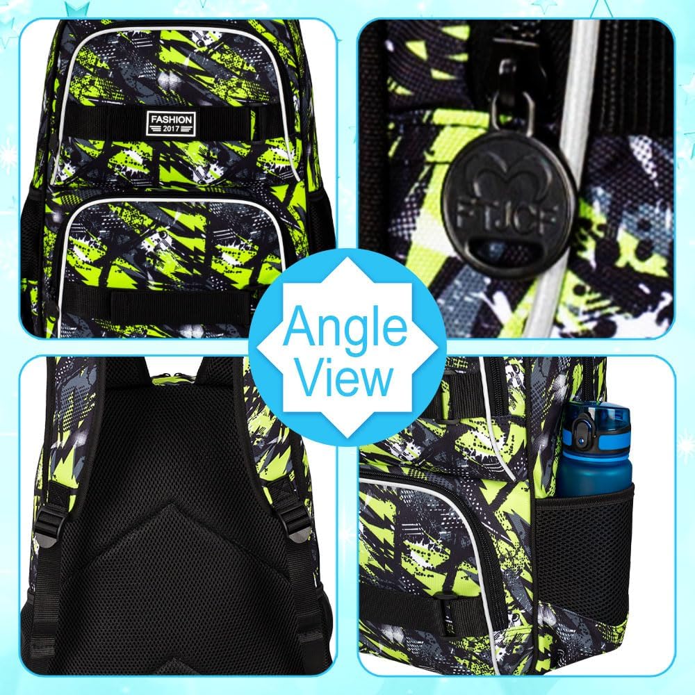 HPJGD 3PCS Bookbag for Boys, 17" Water Resistant School Bag with Lunch Box, Cute School Bag Set for College Teenagers High Middle Elementary - Graffiti Green