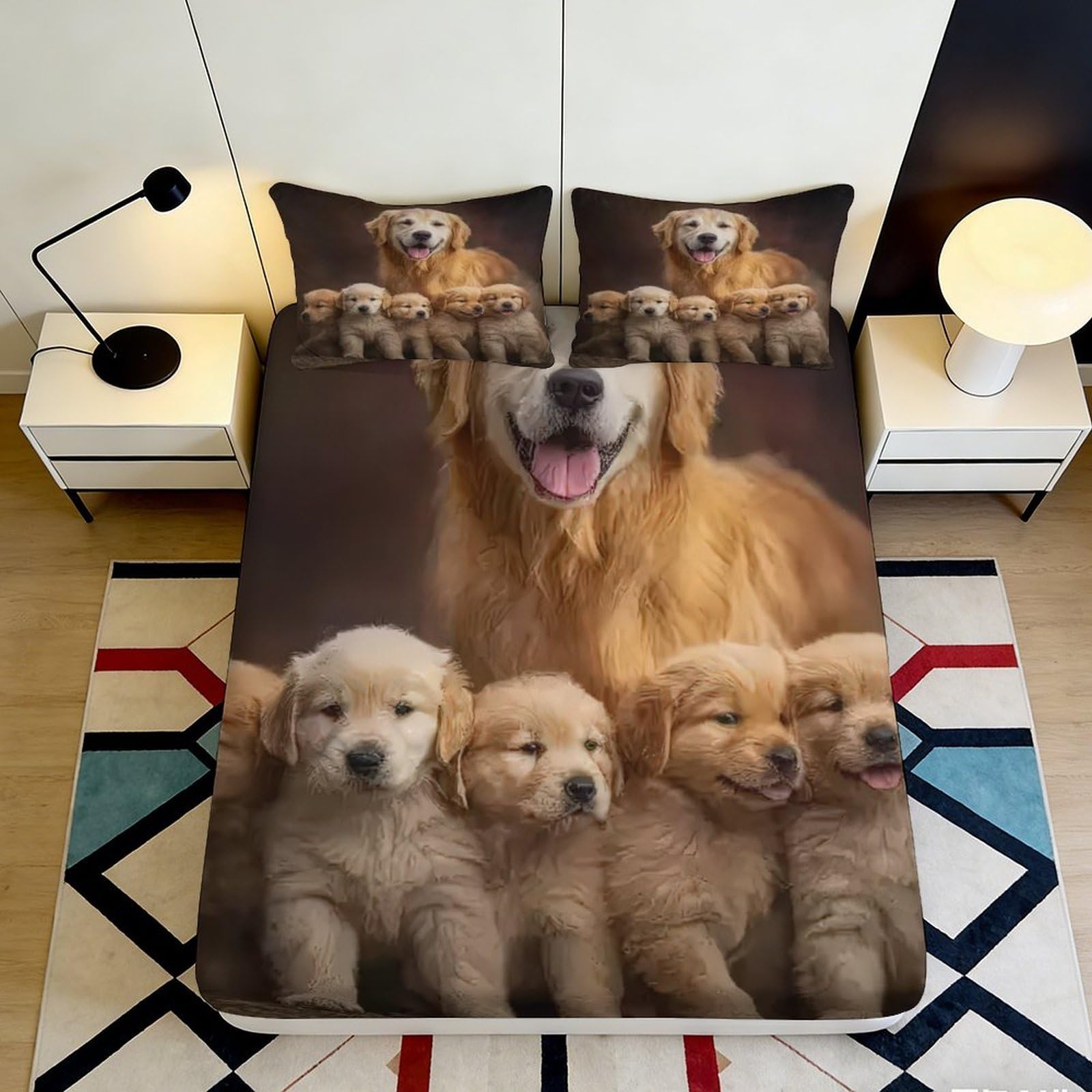 3D Printed Golden Retriever Fitted Sheet Microfiber Deep Pocket Non-Slip Bedroom Bedding Golden Retriever Mattress Fitted Cover Washable 200x200x25cm