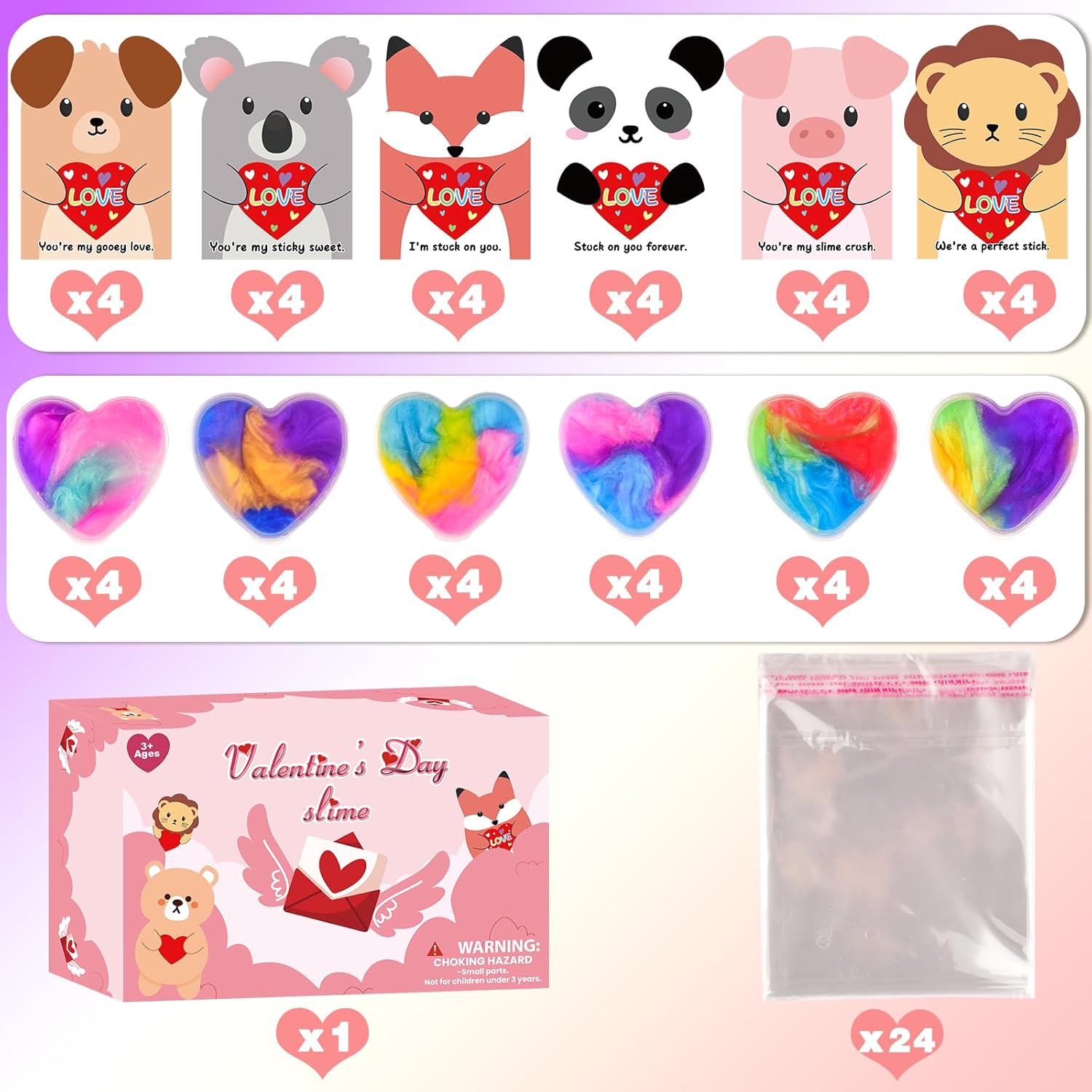 Valentine’s Day Slime 24 Pack, Mini Heart Galaxy Slime Cups with Valentine Cards & Individual Gift Bags, Classroom Exchange Gifts for Kids, Party Favors Goodie Bag Fillers, Stress Relief Fidget Toys