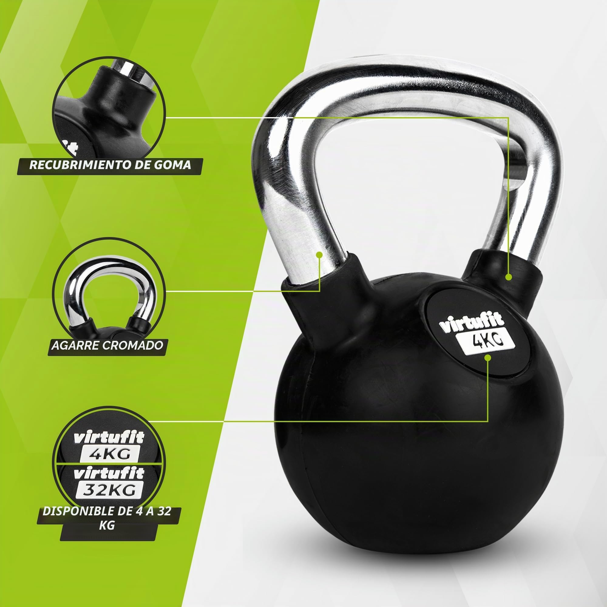 VirtuFit Kettlebell - Pesa rusa (goma, 4 kg hasta 32 kg, 28 kg)