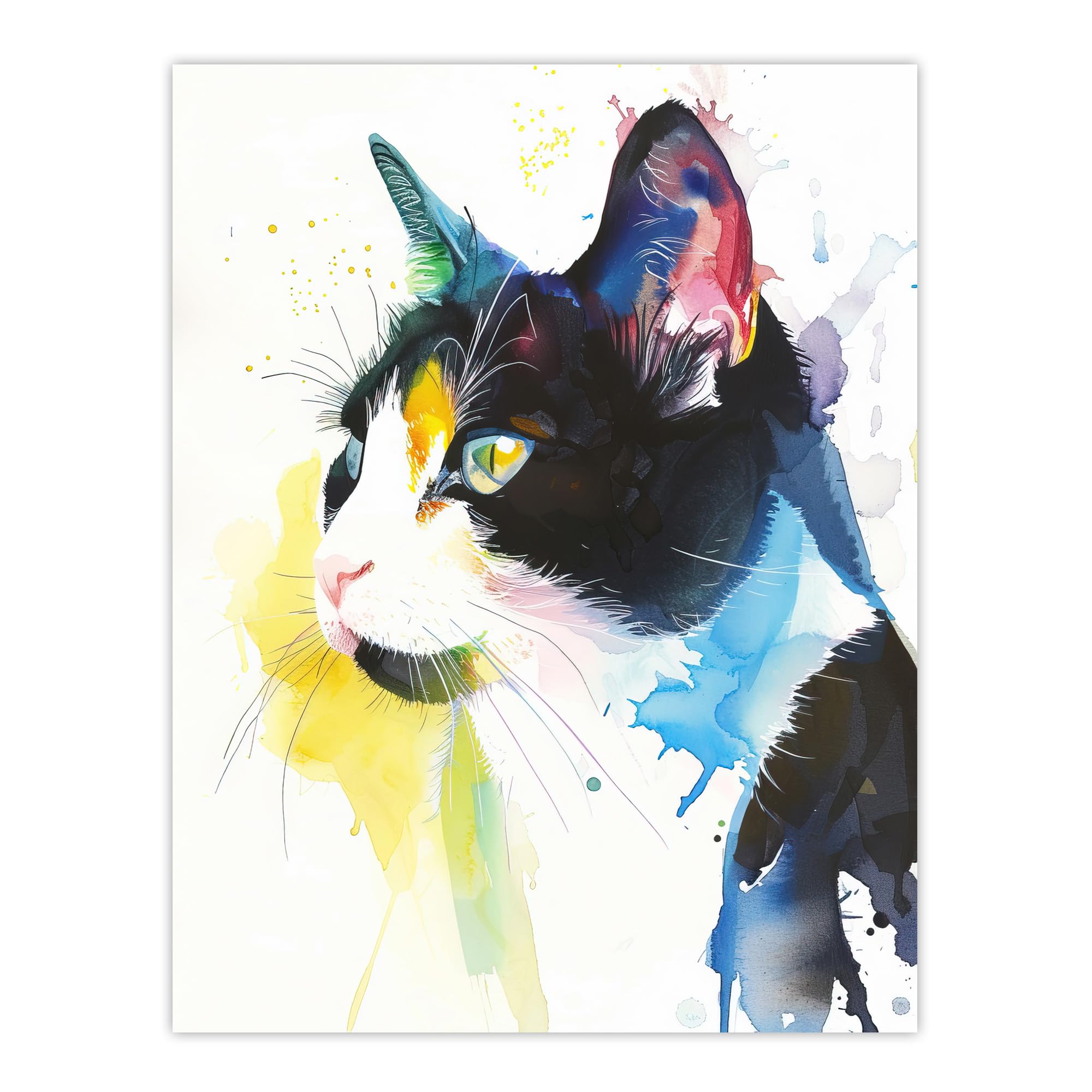 Artery8 Tuxedo Black White Cat Lover Bright Watercolour Living Room Extra Large XL Wall Art Poster Print