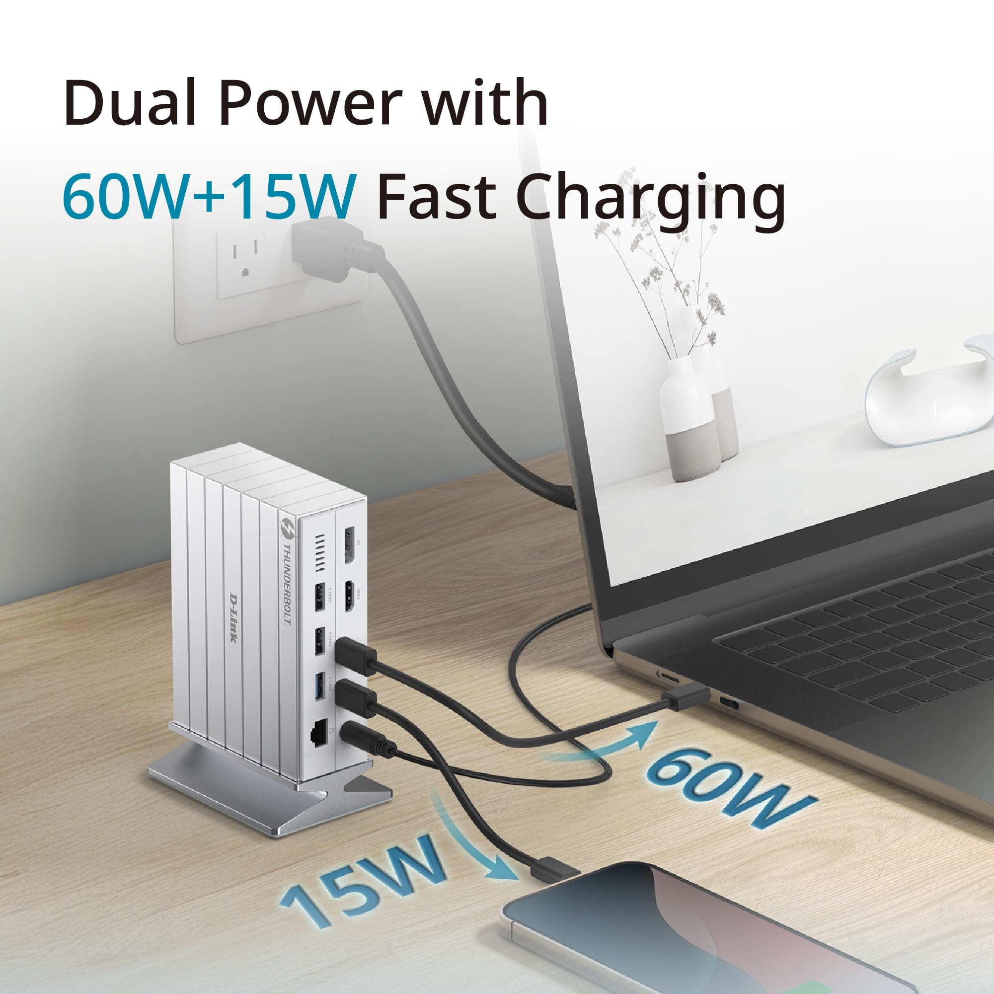 D-Link Stacja dokująca DUF-E01 Thunderbolt 4 14-w-1, potrójny wyświetlacz 8K, 40 GB/sek., ładowanie PD 60 W, HDMI 2.1, DP 1.4, Gigabit LAN, SD/microSD, Audio, Porty USB-C i USB-A - do komputerów Mac