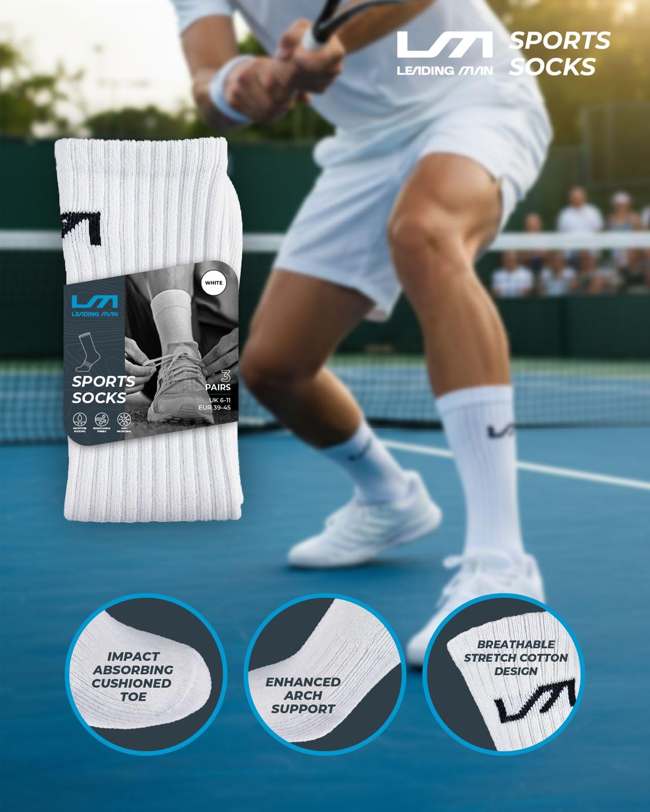 Calzini sportivi da uomo, confezione da 9, calzini sportivi per corsa, palestra, tennis, golf, calzini sportivi neri da uomo 9-11 UK - Calzini sportivi imbottiti in cotone - Confezione