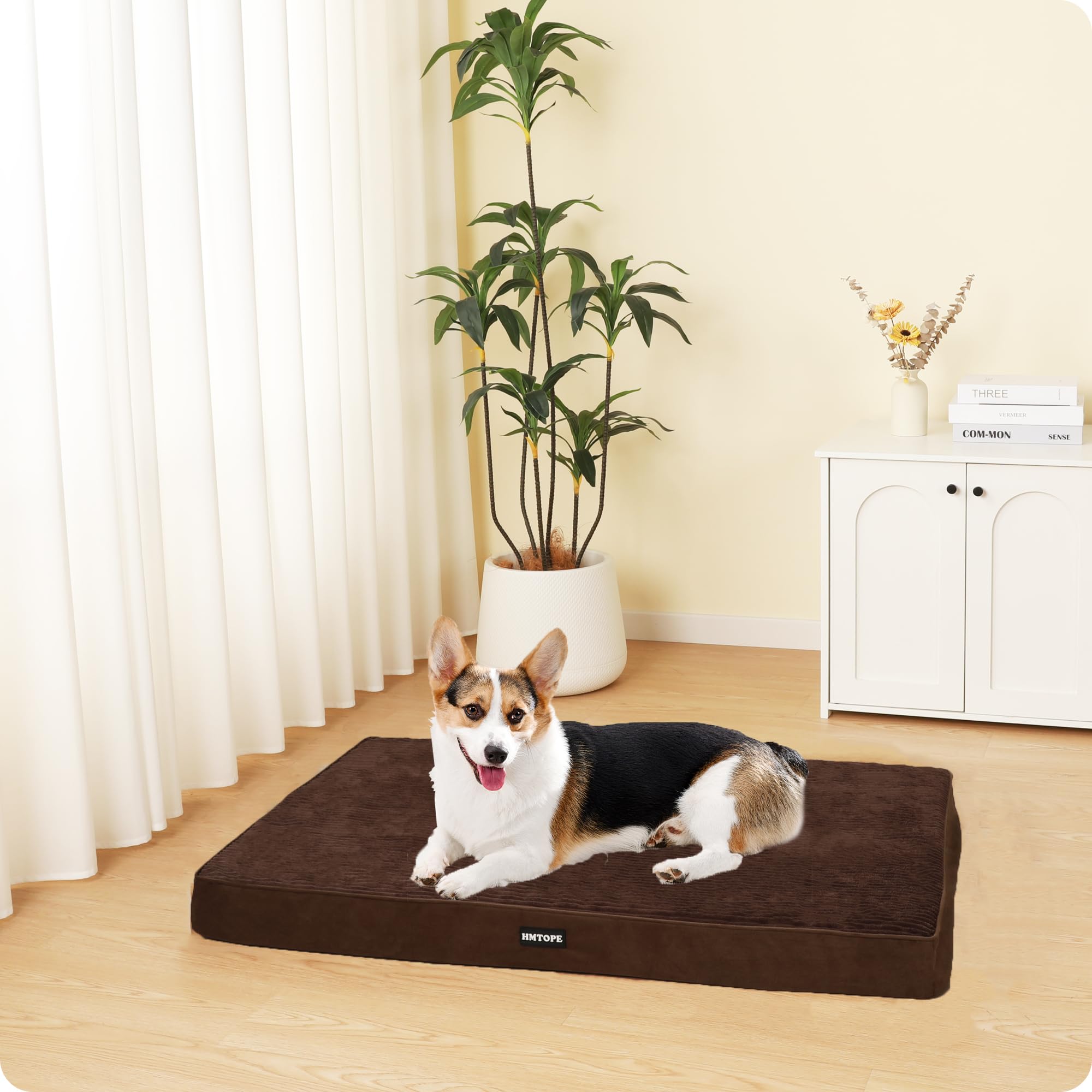 HMTOPE Lit orthopédique pour chien - Coussin pour chien de taille moyenne de 9 cm d'épaisseur - Amovible et lavable - Dessous antidérapant - Doublure imperméable - 91 cm - Marron