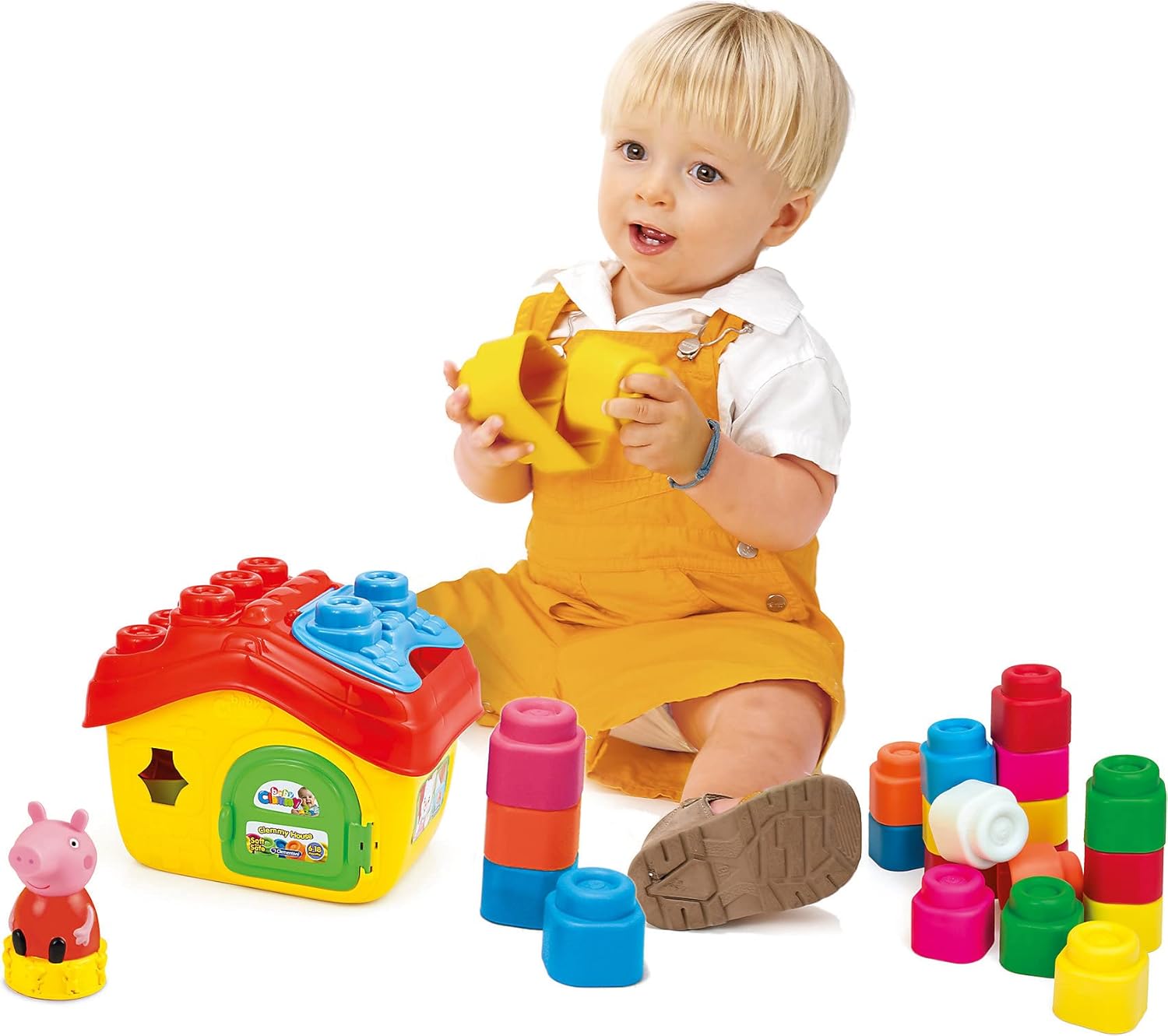 Clementoni 17657 Bucket-Peppa Pig House, playset Clemmy Children 10 Months-Soft Building Blocks-Washable-Made in Italy, Multicoloured