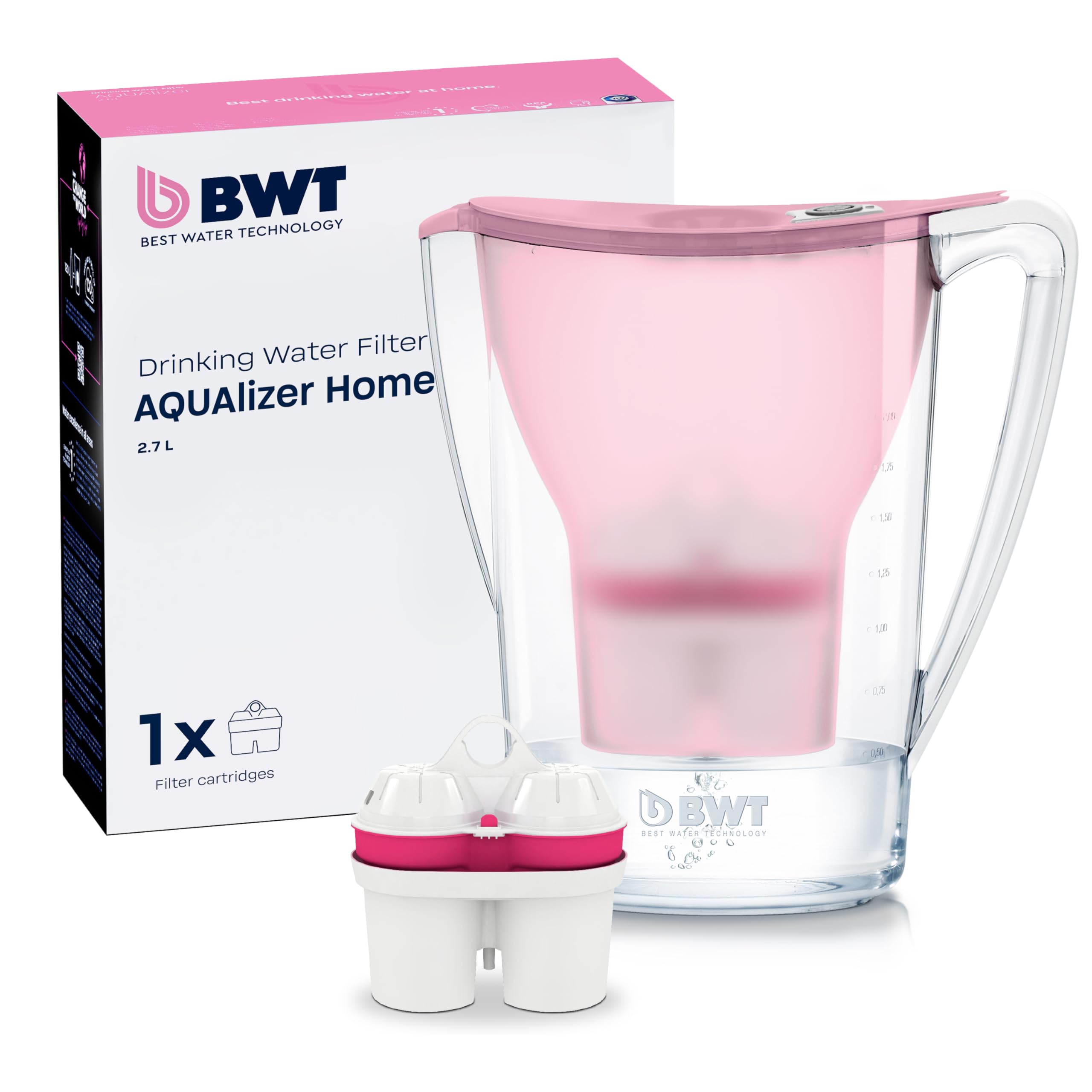BWT AQUAlizer Home Rosa | Caraffa filtrante 2,6 l con 1 filtro al magnesio | depuratore acqua rubinetto | riduce calcare cloro metalli pesanti | per cucina bevande tè caffè