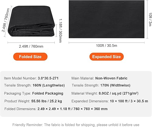 Miniatura 100 de VEVOR Tela de paisaje de barrera de malezas de alta calidad de 3 pies x 250 pies, tela geotextil tejida de 5 onzas bajo grava, alta permeabilidad