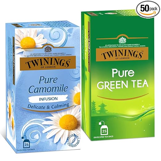 Pure Green & Pure Camomile Tea, Green & Herbal Infusion Two Tea Combo Pack, Caffeine Free Herbal Tea for Anxiety & Stress Relief, Sugar-Free, 25 Teabags Each