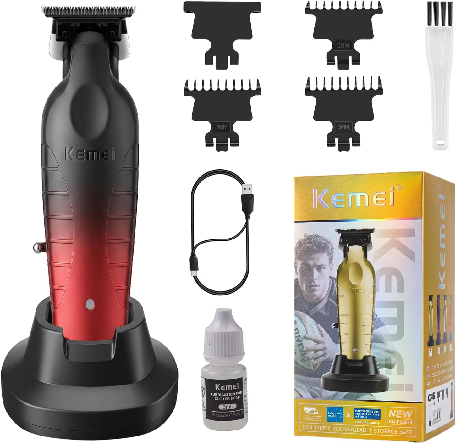 KEMEI 2099 Hair Clippers for Men, Professional Beard Trimmer with Charging Dock, Cordless Rechargeable T Blade Grooming Kit for Barbers, Mustache, Neckline, Line Up, Black