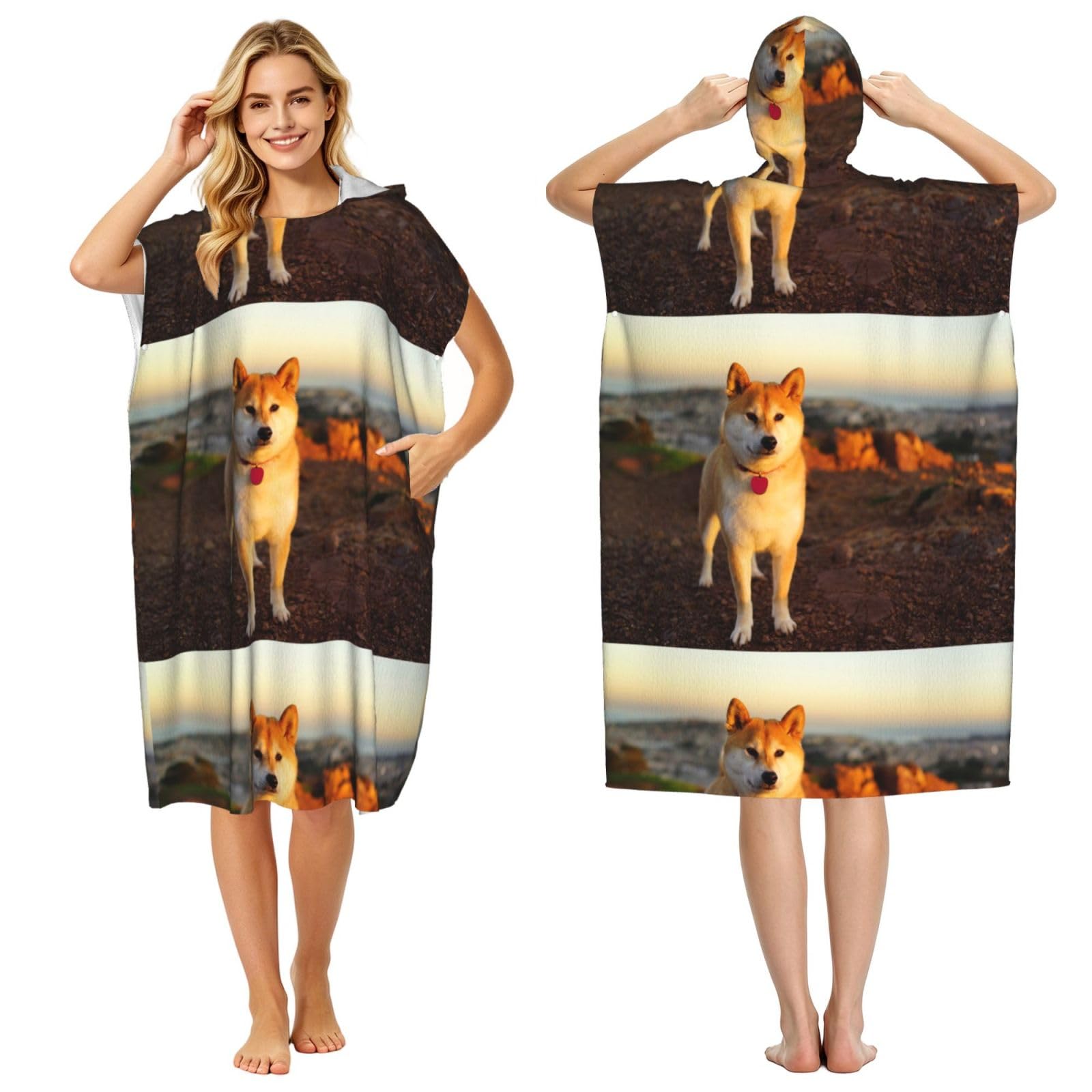 Poadnly Shiba Inu Pets Dogs Sunset Bokeh Shiba Inu, Adult Hooded Beach Towel 90 x 110 cm,Changing Bath Robe, Surf Poncho Towel For Women Men