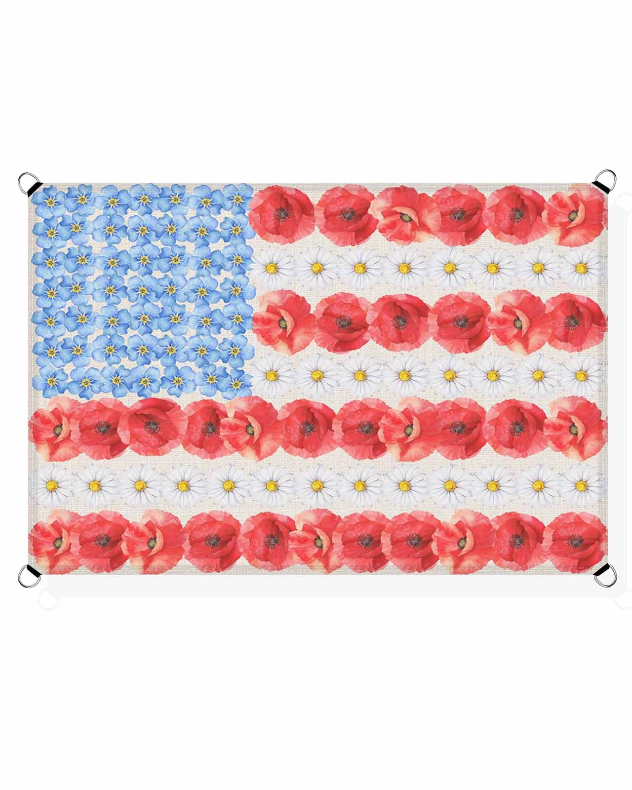 Boanket Sun Shade Sail 8' x 10', Spring Floral Rectangular Waterproof Outdoor Sun Shades, 4th of July Blue White Red Botanical Flower Shade Cloth for Patio Deck Terrace Garden Lawns Beach Backyard