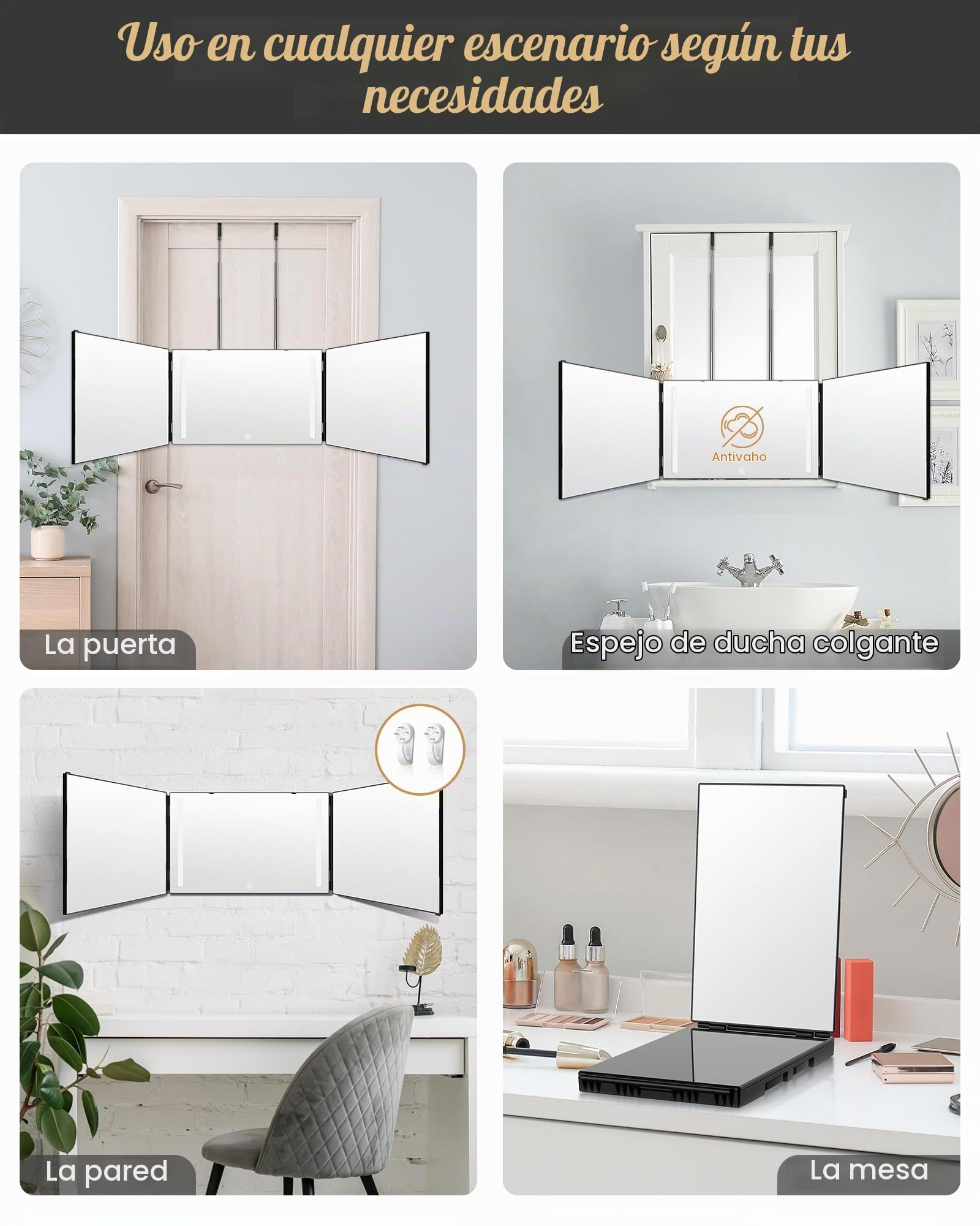 JUSRON Espejo Plegable Portátil de 360 Grados - 3 Piezas con Corte Automático, Altura Ajustable y Ganchos para Peluquería, Maquillaje y Afeitado