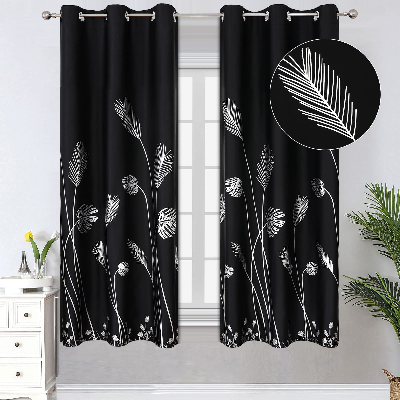 Estelar Textiler Grommet Blackout Curtains Silver Palm Tree Thermal Insulated Energy Saving Noise Reducing Blackout Curtain Drapes for Bedroom, 42Wx63L, Black, Set of 2 Panels