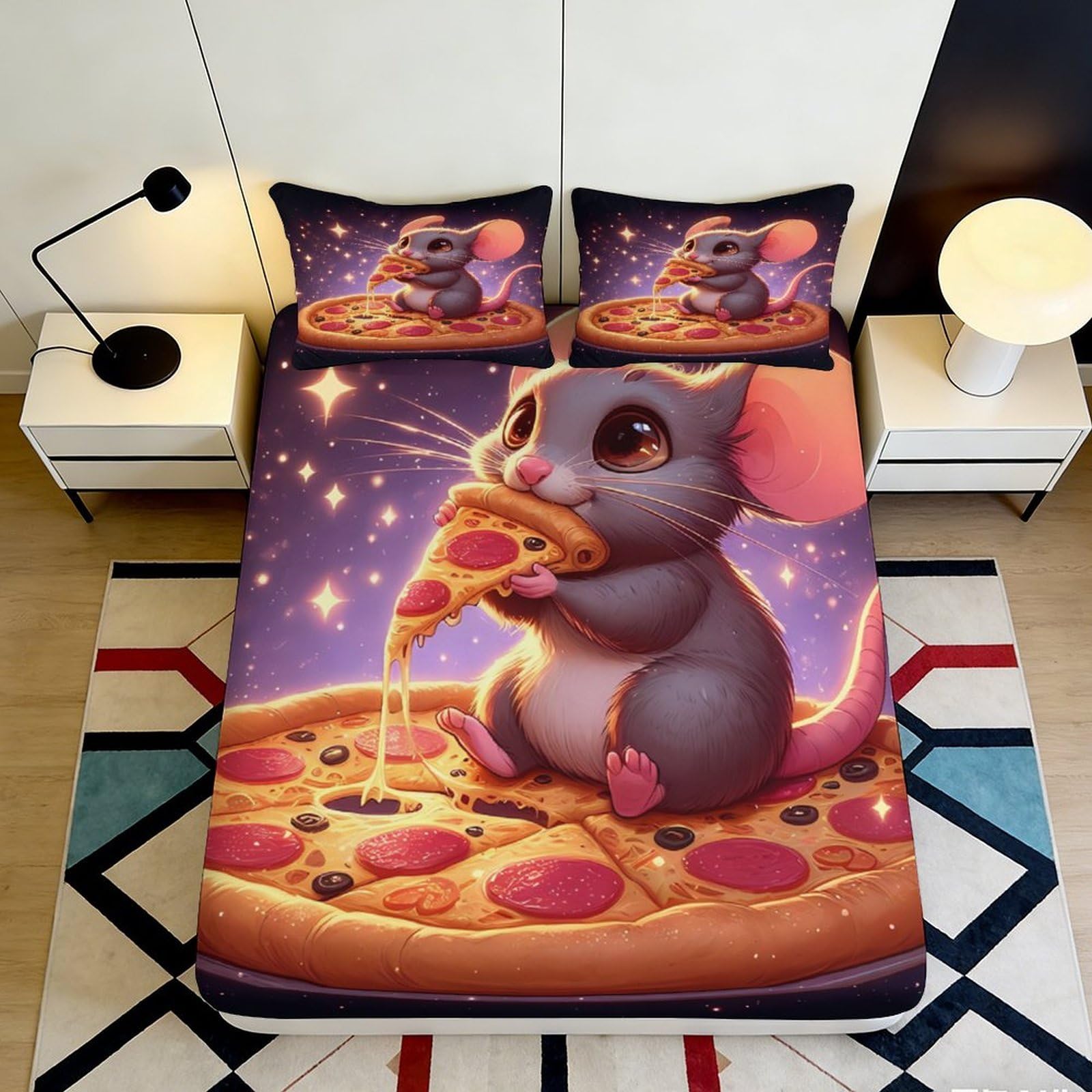 3D Printed Cartoon Mouse Pizza Fitted Sheet Microfiber Soft Bedroom Decor Bed Cover for Home Guest Room 90x200x25cm