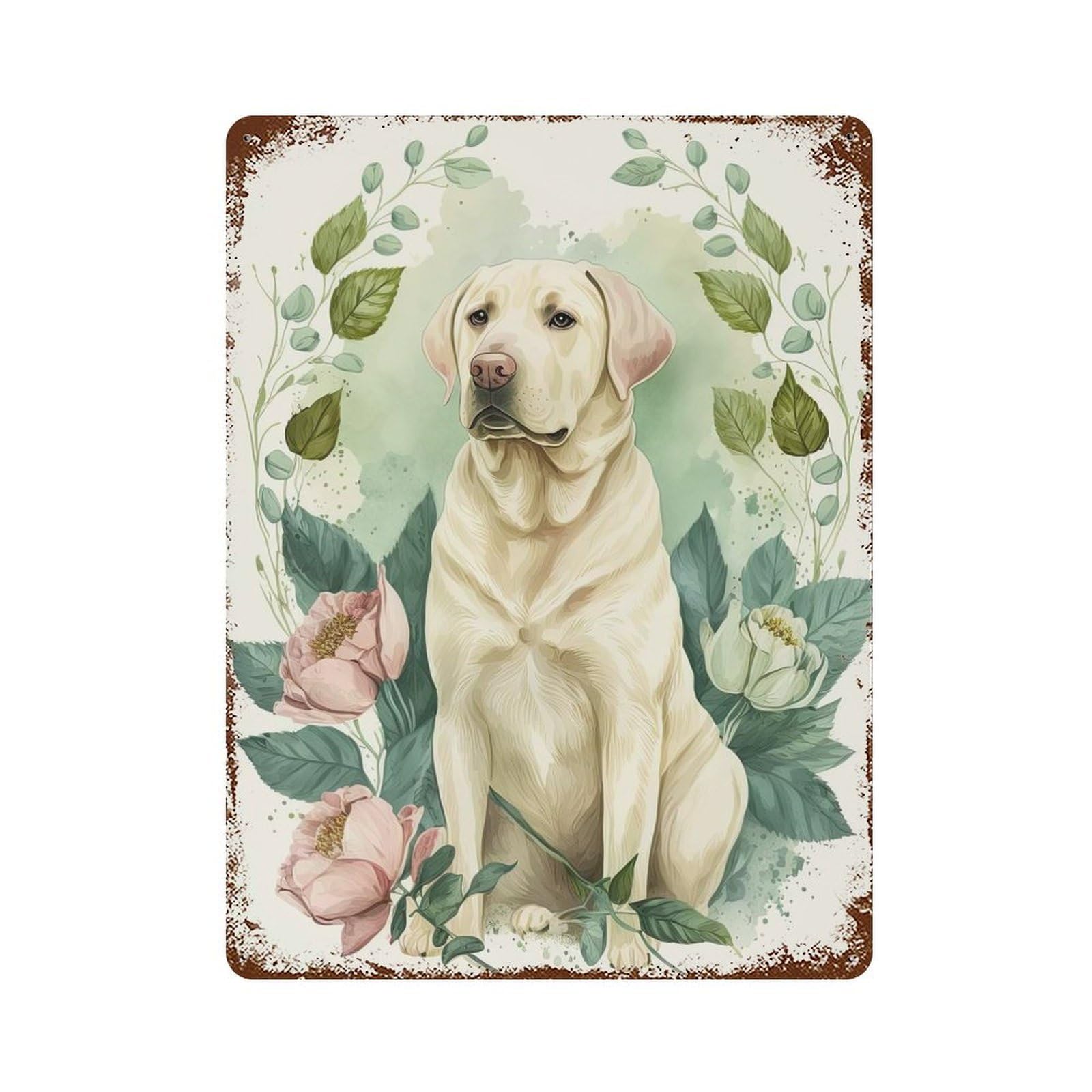 Rust Effect Labrador Floral Portrait Decorative Tin Sign 15.7"x11.8", Vintage Wall Decor for Farmhouse, Kitchen And Entryway Decor