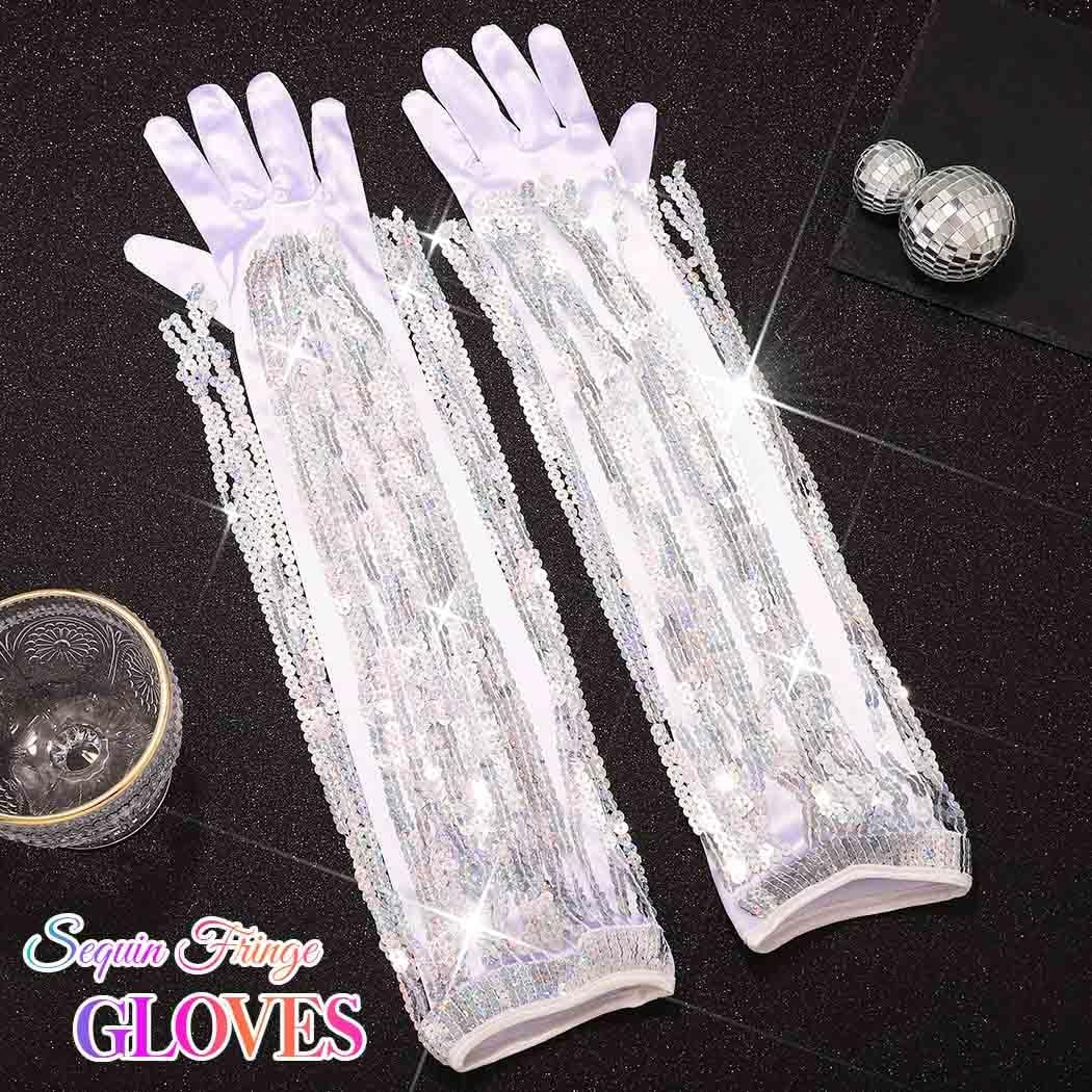 Silver Sequin Fringe Gloves Long 1920s Opera Tassels Gloves Prom Glove Accessories for Women