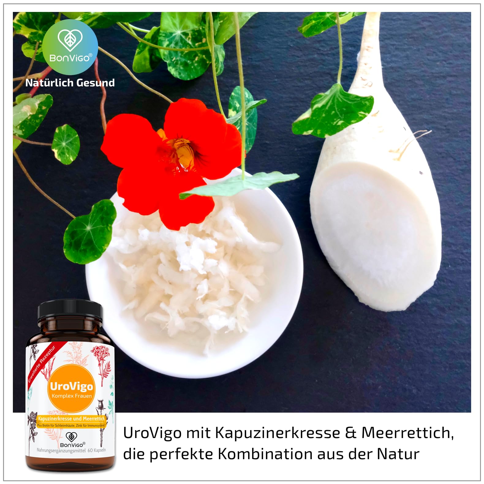 UroVigo FÜR DIE FRAU - Biotin & Vitamin A unterstützen Schleimhäute, Zink das Immunsystem - 8 Pflanzen-Komplex mit Kapuzinerkresse Meerrettich Cranberry Liebstöckel - Mit L-Methionin - 60 Kapseln