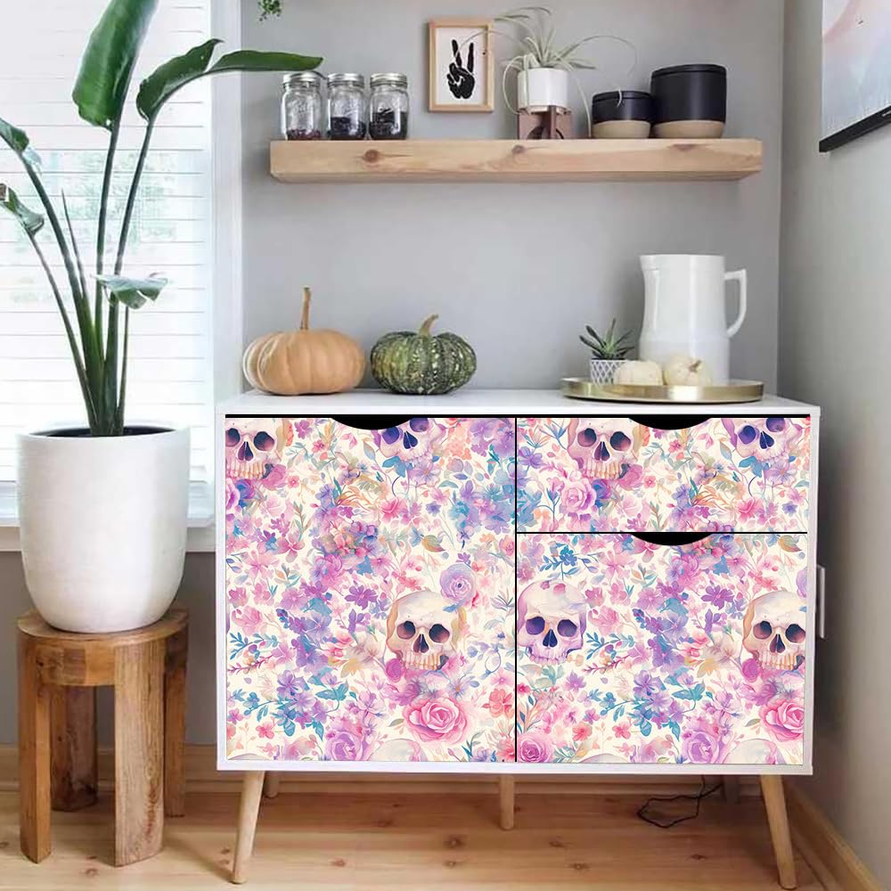Papel pintado autoadhesivo Flores modernas y coloridasCalavera colorida Papel tapiz adhesivo papel de contacto papel de pared papel de pared fácil de despegar para mesita de noche cajón gabinete inq