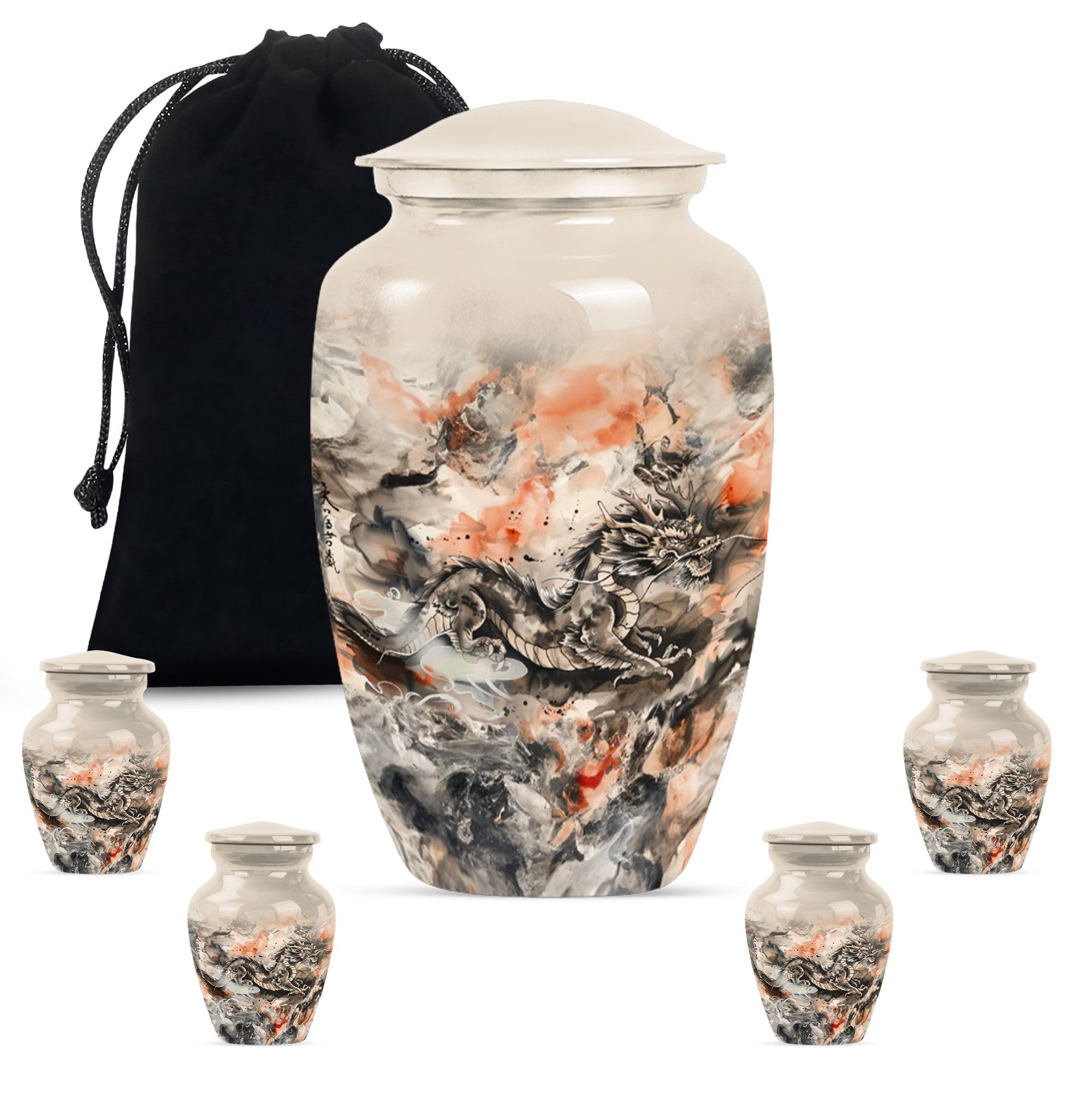 YATHABHISA Dragon Urn, Decorative Urns - Keepsake Urns - Combo of 1 Large Urn with Velvet Bag and 4 Small - Small & Large Urns for Ashes - Ash Urns - Adult Urn - Funeral Ashes Urn, Black