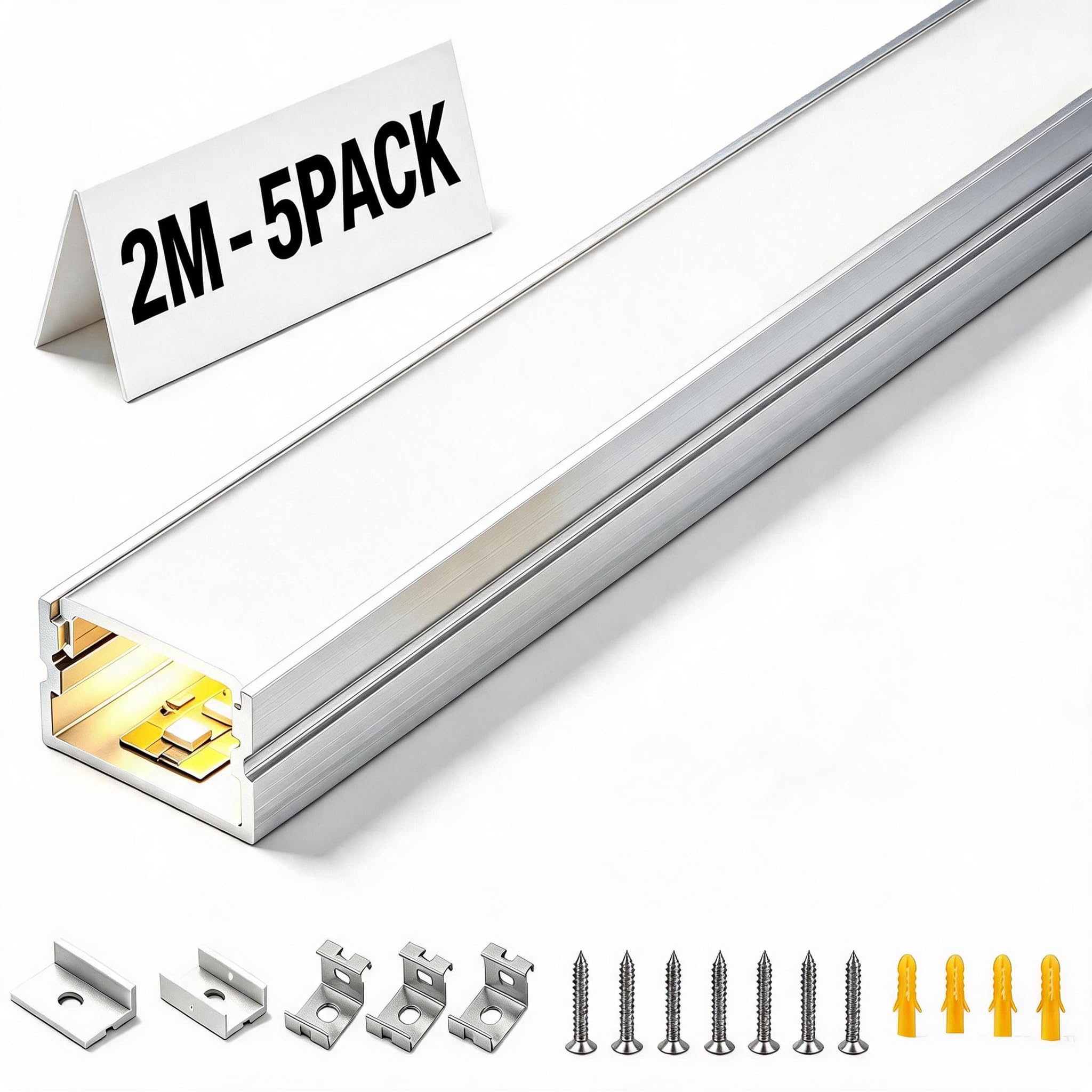LED Aluprofil U-Form, 2 m, 5er Set, mit milchweißer Abdeckung, Aluminium Kanal für LED-Streifen bis 17,2 mm, Außenmaß 19,7 × 10 mm, zur Beleuchtung von Wohnzimmer und Schlafzimmer