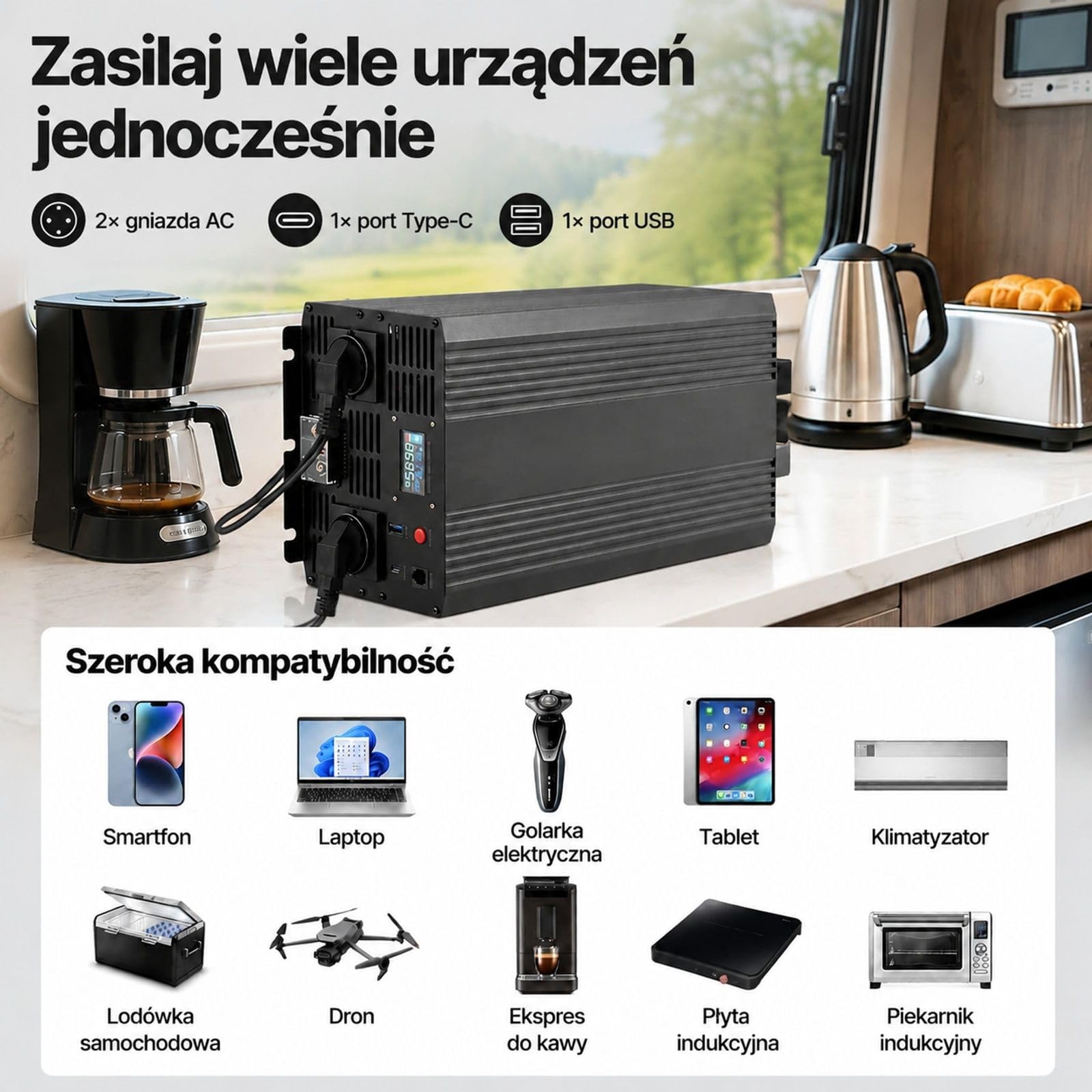 Falownik czystej fali sinusoidalnej 3500 W, 12 V DC do 230 V AC, ekran LCD, obudowa ze stopu aluminium, 2 gniazda do auta kampera domu