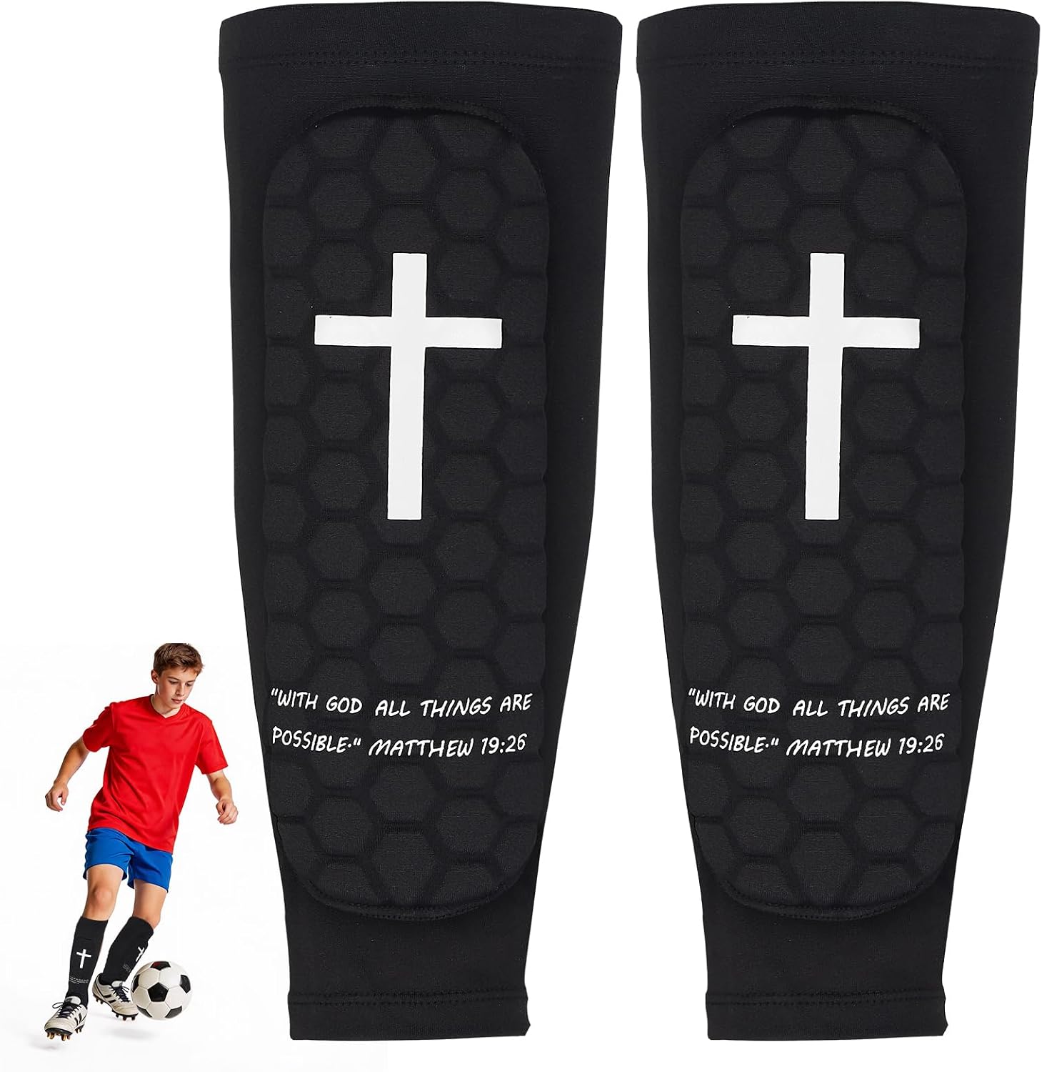 Soccer Shin Guards for Youth, Kids Adult, Calf Compression Sleeve with Honeycomb Padded, Proverbs 19:26 Bible Verse Shin Pads, Protective Shin Defender for Boys & Girls Ski Football Baseball