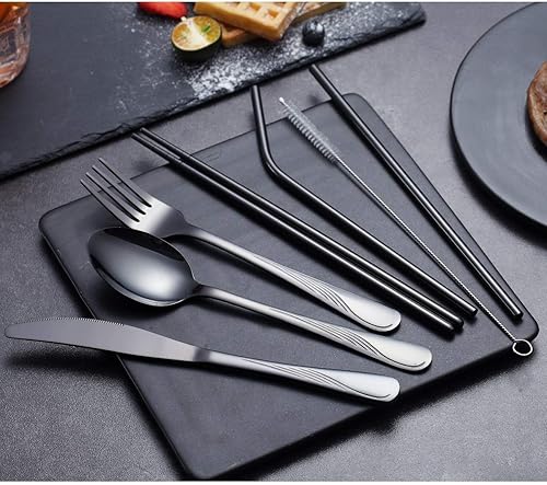 Miniatura 4 de HOMQUEN - Juego de cubiertos portátil de acero inoxidable (negrocobreorocolorido)