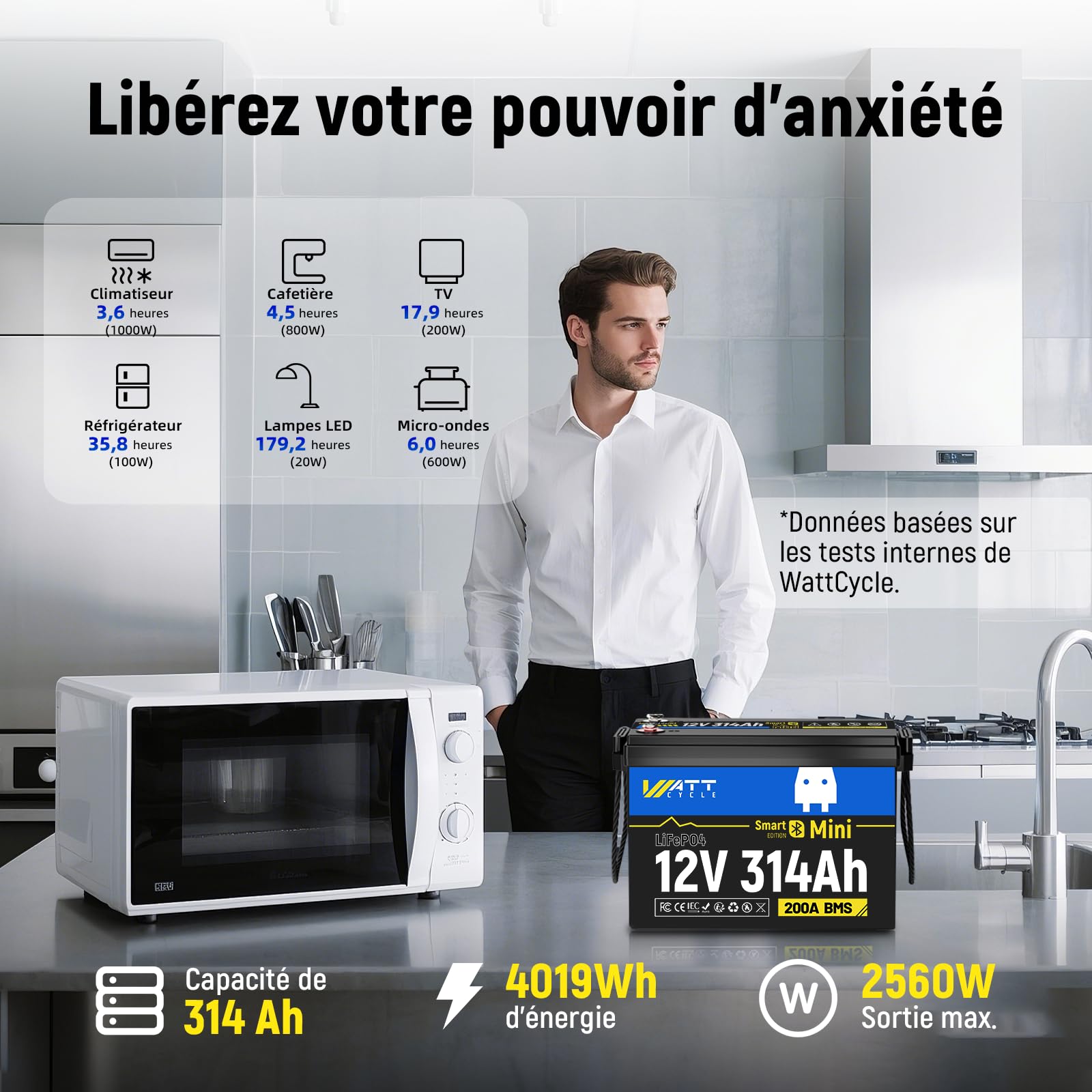 Pack de 2 Wattcycle Batteries Lithium 12V 314Ah LiFePO4 Bluetooth, Batteries Décharge Lente avec BMS 200A et Protection Anti-Froid, pour Solaire, Camping-Car et Marine