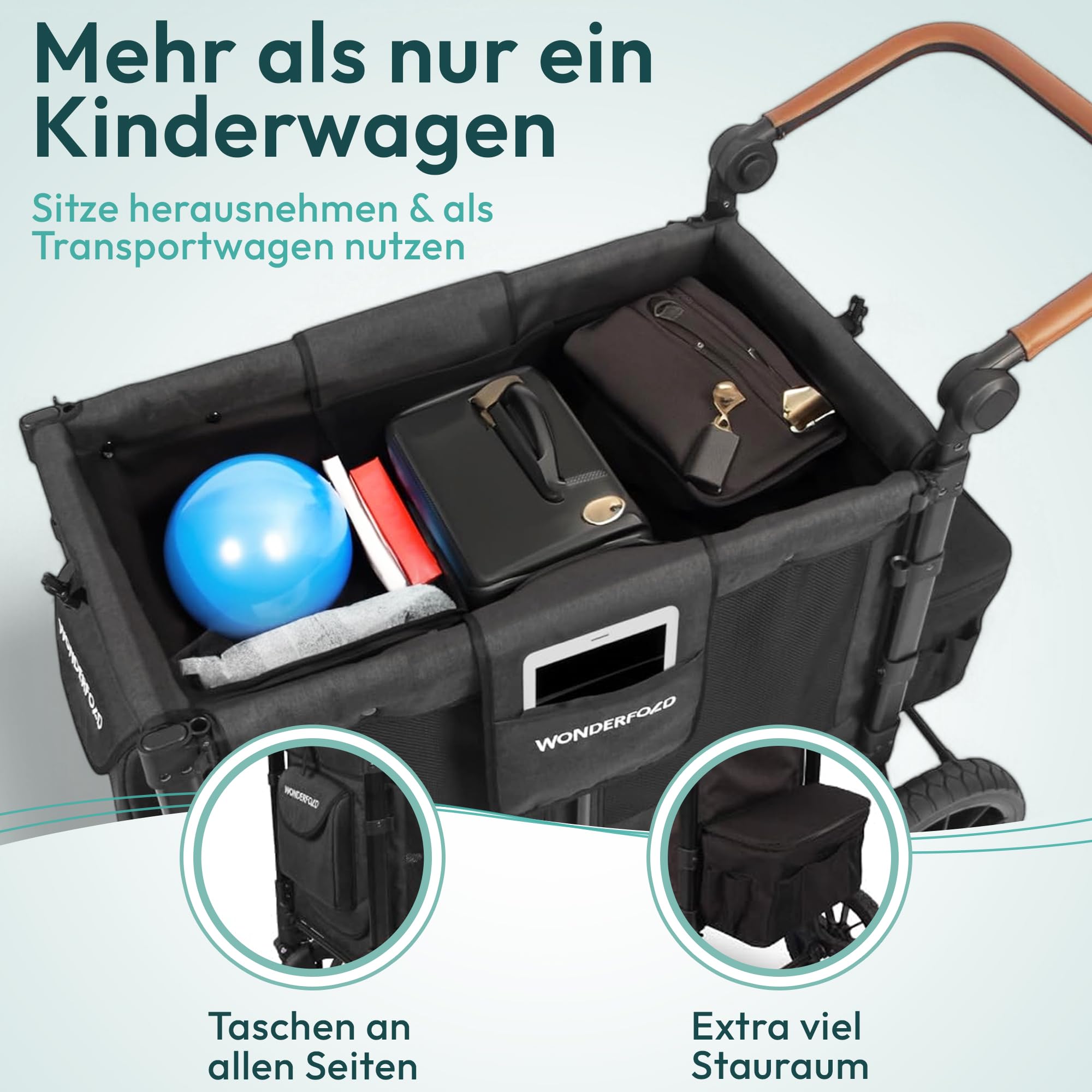 WonderFold W2 Luxe KinderVan 2 Hochsitze 5-Punkt-Sicherheitsgurten verstellbarer Schiebegriff UV-Schutzverdeck Volcano Black