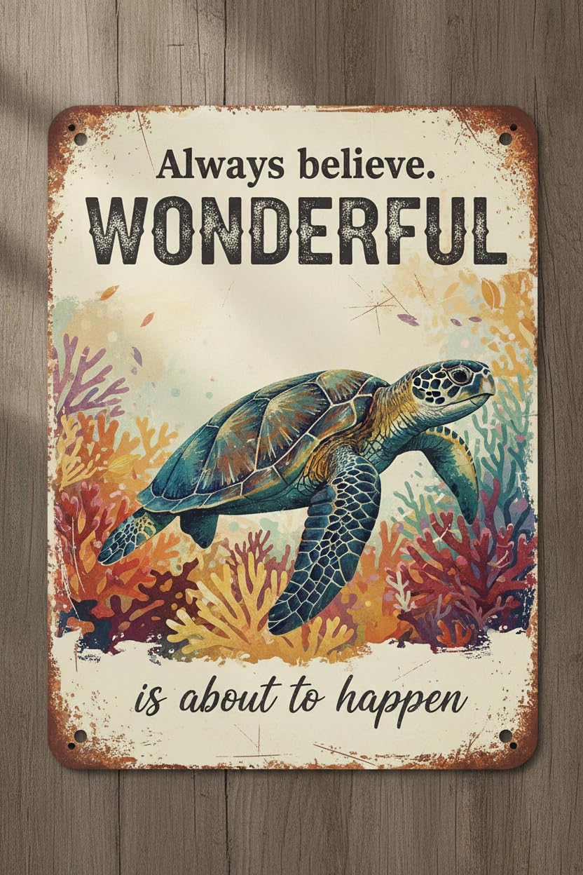 Vintage Sea Turtle Tin Sign Always Believe That Something Wonderful Retro Metal Poster Funny Is About To Happen Wall Art Cafe Office Wall Decorfor Kitchen Home Bar Pub Club Shop 8x12inch