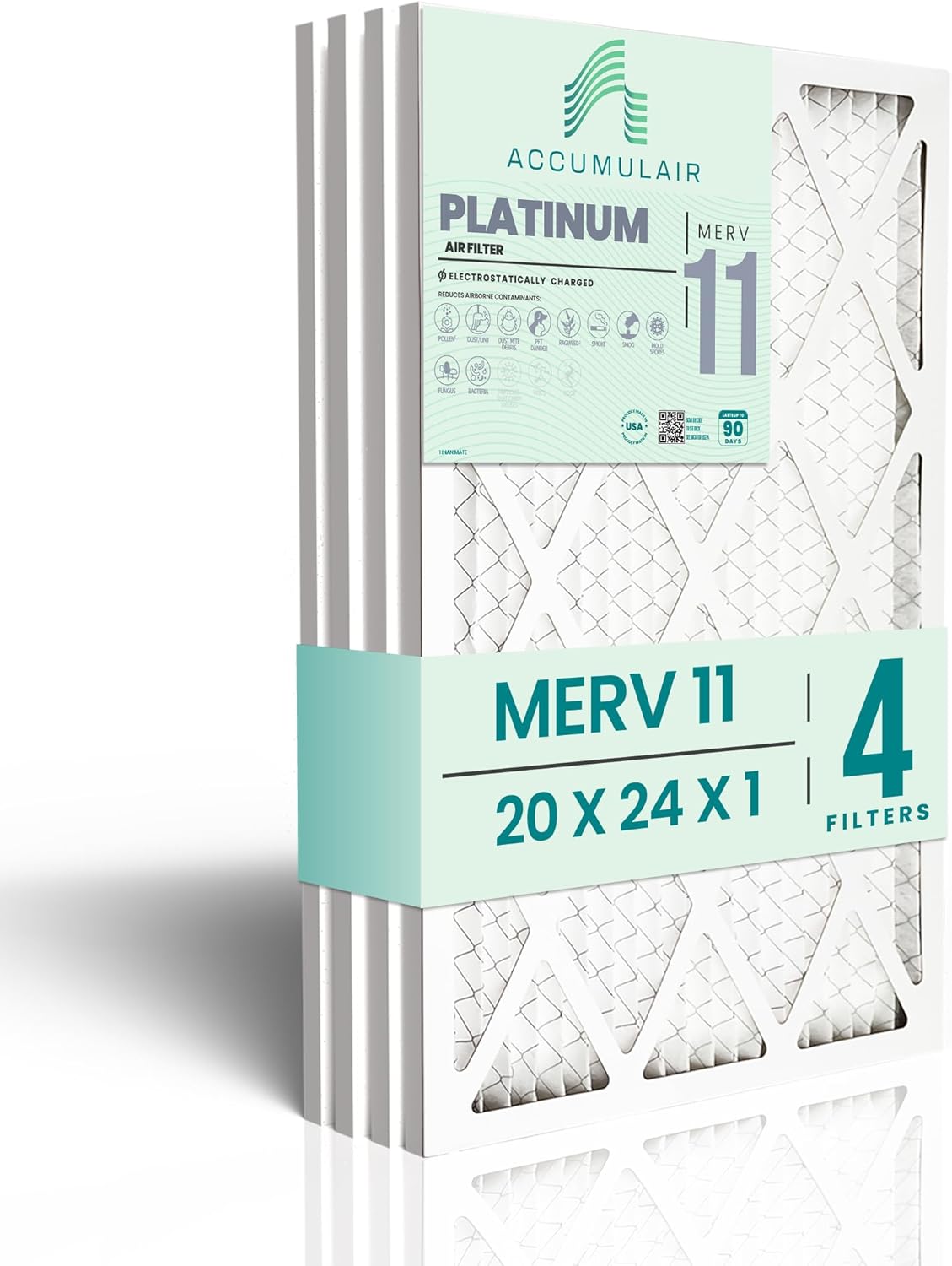 Accumulair Platinum 20x24x1 MERV 11 HVAC Air Filter (4-Pack) | Replacement Air Filter for AC and Furnace | Made in USA | Actual Size 19.75 x 23.75 x 0.75 20x24x1 (4-Pack)