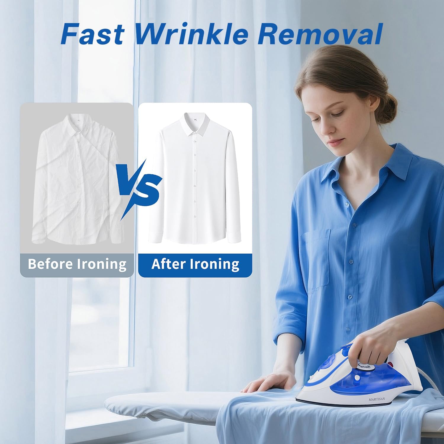 Martisan Steam Iron for Clothes, Multi-Temperature, Effective Wrinkle Removal, Rapid Use, Fast Heating, Powerful Steam Diffusion, Light Weight, Self-Cleaning, Blue