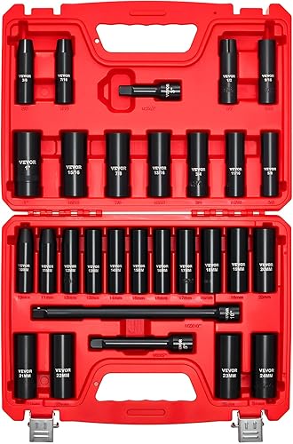 Miniatura 54 de VEVOR Juego de dados de impacto de 3/4 pulgadas, 29 piezas, enchufes de 6 puntos, construcción resistente, CR-M0, juego de llaves de vaso de 3/4