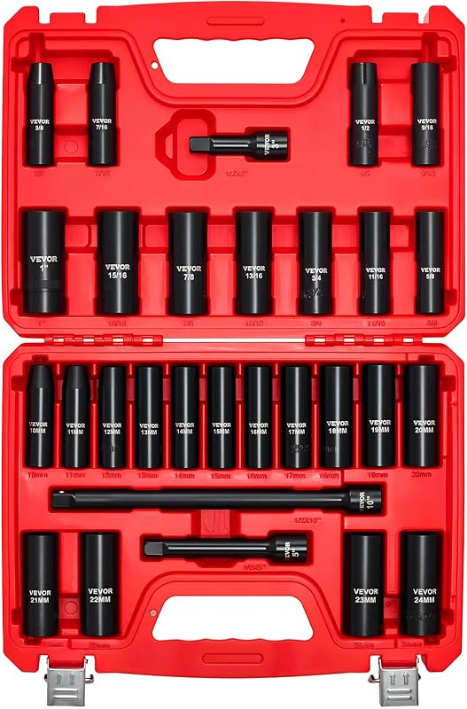 VEVOR Juego de vasos de impacto con accionamiento de 1/2", 29 piezas de vasos profundos | SAE (3/8 a 1 pulgada) y métrico (10 a 24 mm), 6 puntas, acero CR-V, barras de extensión (3", 5", 10"), marcas de tamaño fáciles de leer