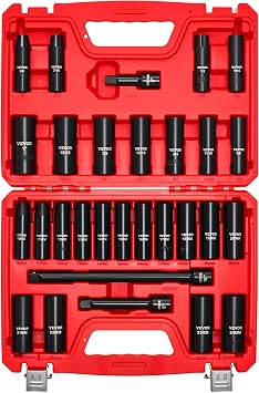 VEVOR 1/2" Drive Impact Socket Set, 29-Piece Deep Sockets Standard SAE 3/8 to 1 inch and Metric 10 to 24 mm Size, 6 Point, CR-V Steel, Extension Bars 3", 5", 10"