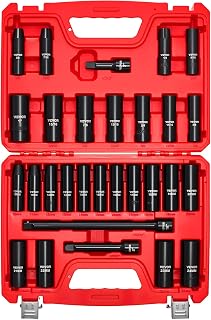 VEVOR 1/2" Drive Impact Socket Set, 29-Piece Deep Sockets Standard SAE (3/8 to 1 inch) and Metric (10 to 24 mm) Size, 6 Point, CR-V Steel, Extension Bars (3", 5", 10")