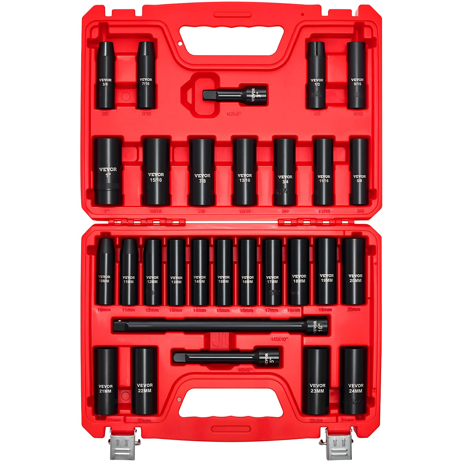 VEVOR 1.3cm(1/2인치) 드라이브 임팩트 소켓 세트, 29피스 딥 소켓 표준 SAE (3/8~1인치) 및 미터법 (10~24mm) 사이즈, 6포인트, CR-V 스틸, 연장 바 (7.6cm(3인치), 12.7cm(5인치), 25.4cm(10인치))