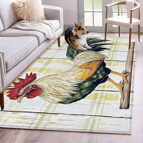 Miniatura 3 de 3x5 Area Rugs, Sage Green Rooster Non-Skid Rubber Backing Large Rectangle Rugs - Living Room Bedroom Home Office, Retro Animals Wooden Watercolor