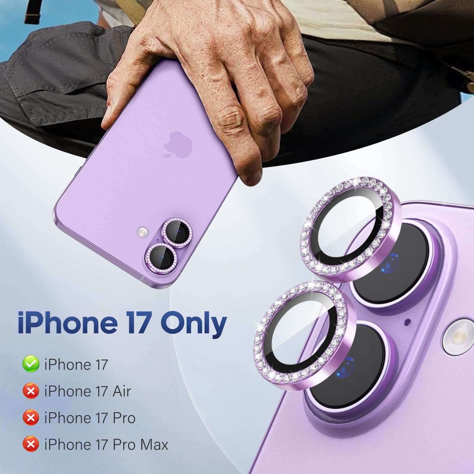 für iPhone 17 Kamera Objektivschutz Bling, Individueller Diamant Metallring mit 9H Härte, Kratzfest Kamera Displayschutzfolie, Stylisches Zubehör, Hüllenfreundlich (Lila)