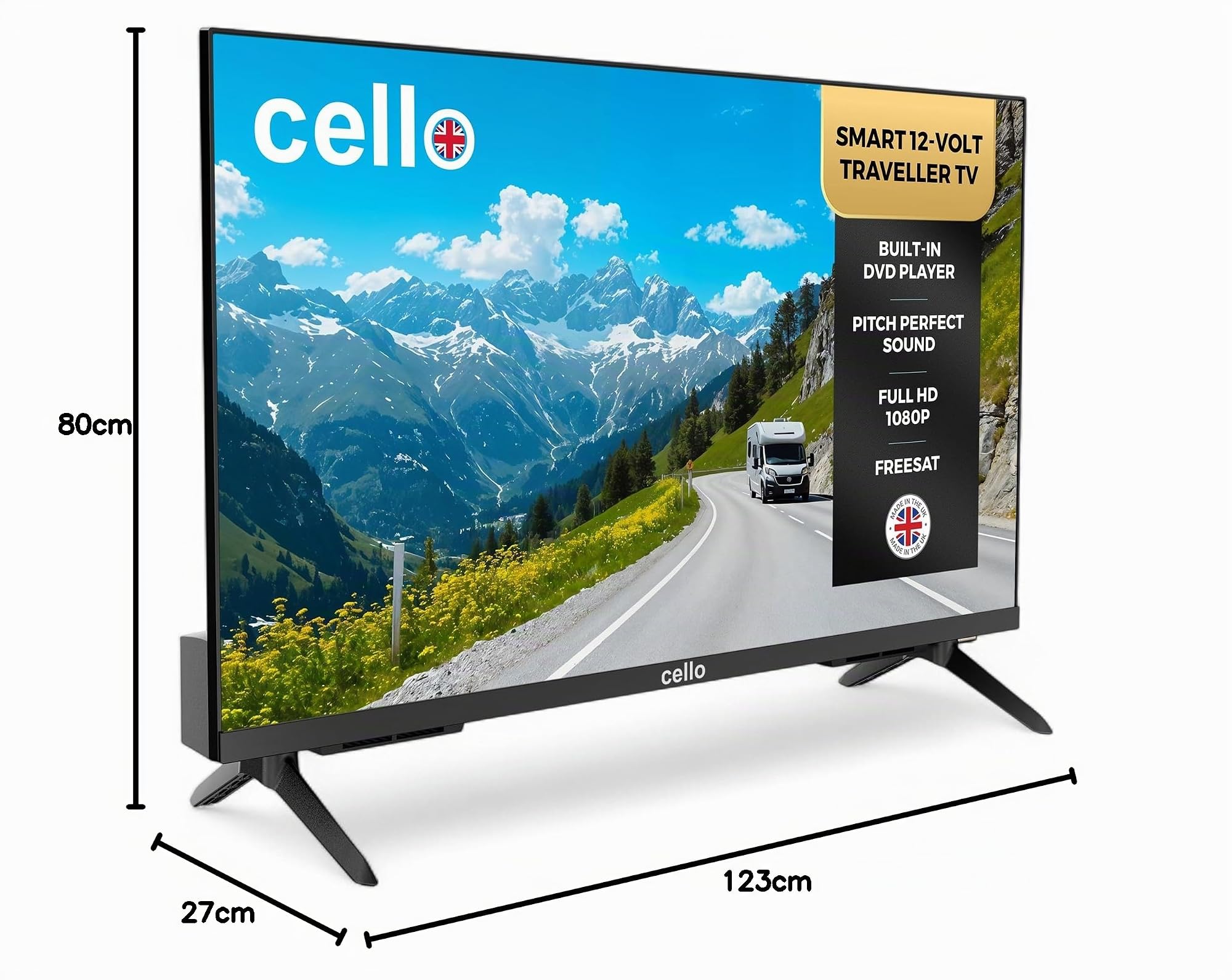 Cello C2725WSF 27" Smart 12V Traveller TV, 1080p, DVD, 230V, WebOS, Freeview Play, Perfect Pitch Sound