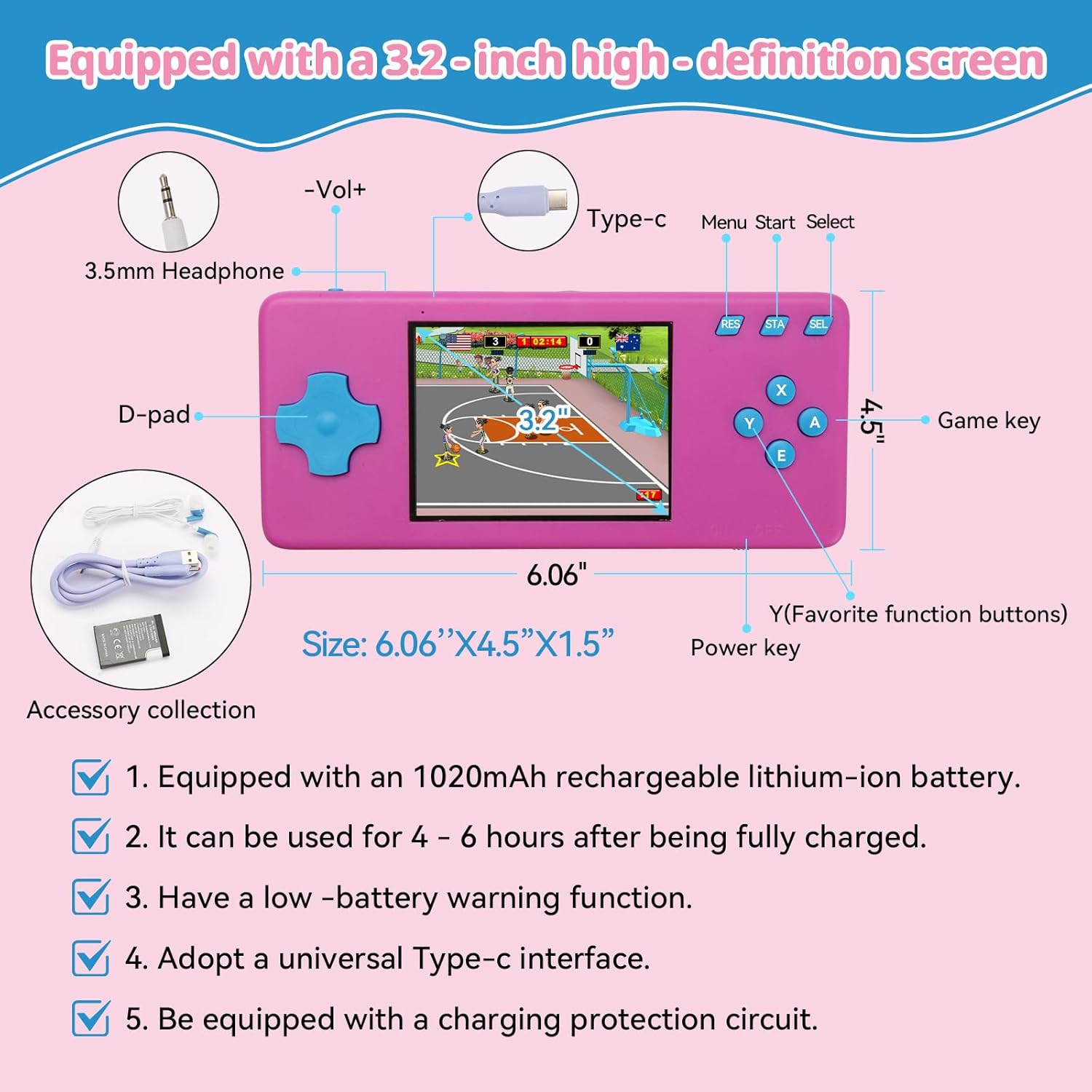 Handheld Game Console,Portable Video Game Console with Retro Games,3.2" Screen,Rechargeable Battery,Built-in Headphones and Built-in Bow Ultimate Kid Christmas Birthday Gift for Kids (Purple + Blue)
