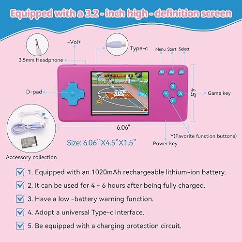 Miniatura 4 de Consola de juegos portátil, consola de videojuegos portátil con juegos retro, pantalla de 3.2 pulgadas, batería recargable, auriculares integrados y