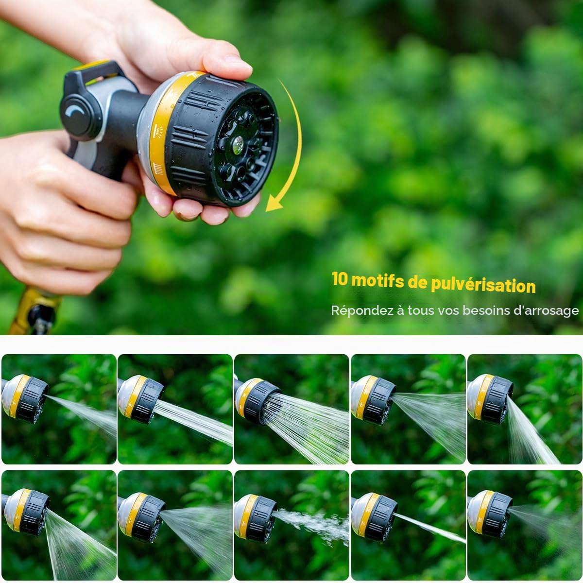FANHAO Pistolet arrosage robuste, pistolet d'arrosage métallique avec 10 modes de pulvérisation, contrôle au pouce, buse haute pression pour l'arrosage des plantes, lavage de voiture, jaune