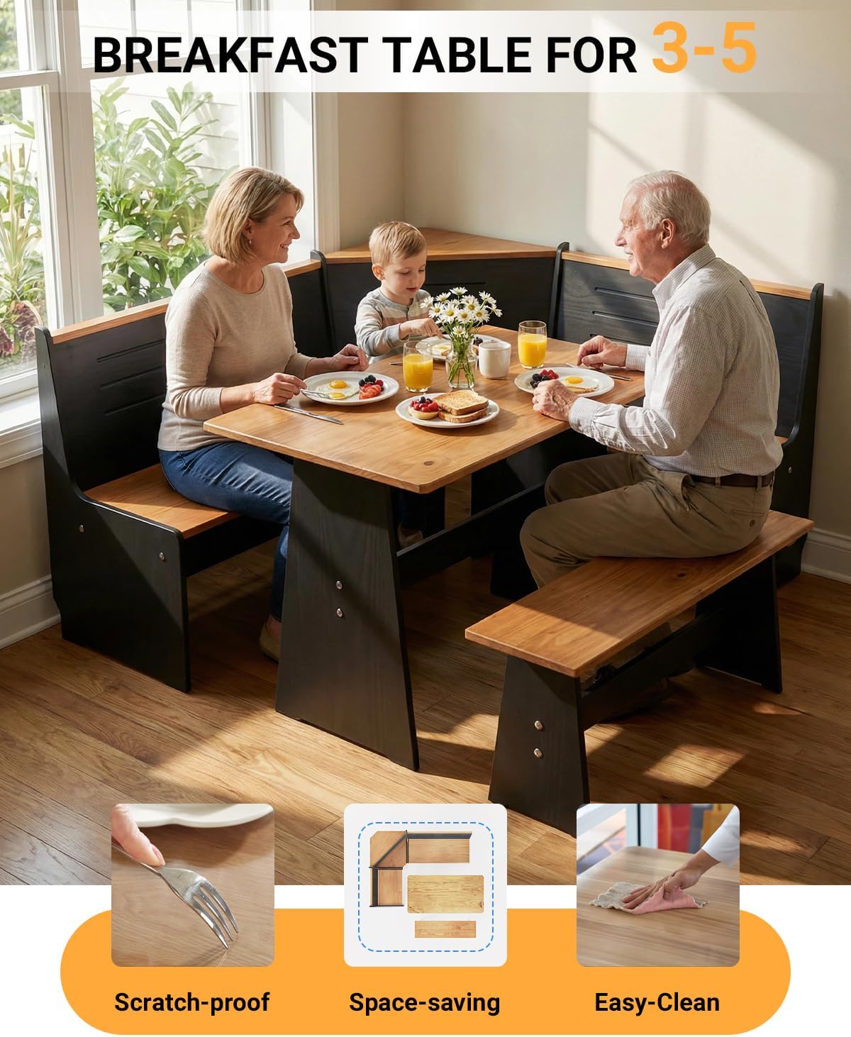 Breakfast Nook Table Set - Corner Kitchen Dining Table Set for 4-6 People, Solid Pine Wood with L-Shaped Bench Modern Farmhouse Dining Room Set for Family Morning Coffee & Brunch, Space-Saving, Black