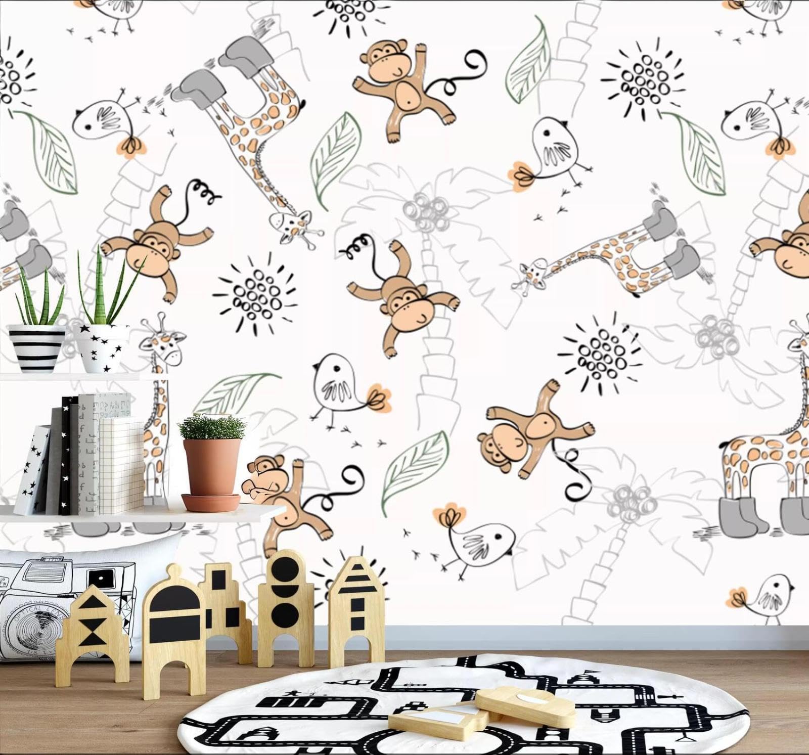Xlming 430Cm×300Cm(B×H) Cartoon Hand Drawn Coconut Trees Monkeys Giraffes 3D Wallpaper Luxury Silk Study Dining Feature Sofa Grey Bedroom Living Room Tv Decorative Wall-430Cm×300Cm