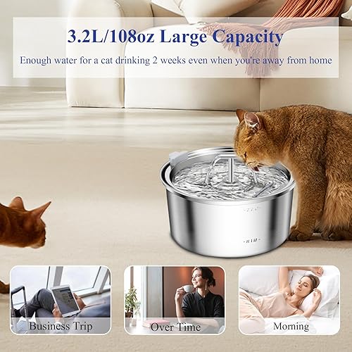 Miniatura 2 de TOYROOM - Fuente de agua para gatos de acero inoxidable, fuente automática de agua para perros de 3.2L108 onzas con bomba ultra silenciosa y
